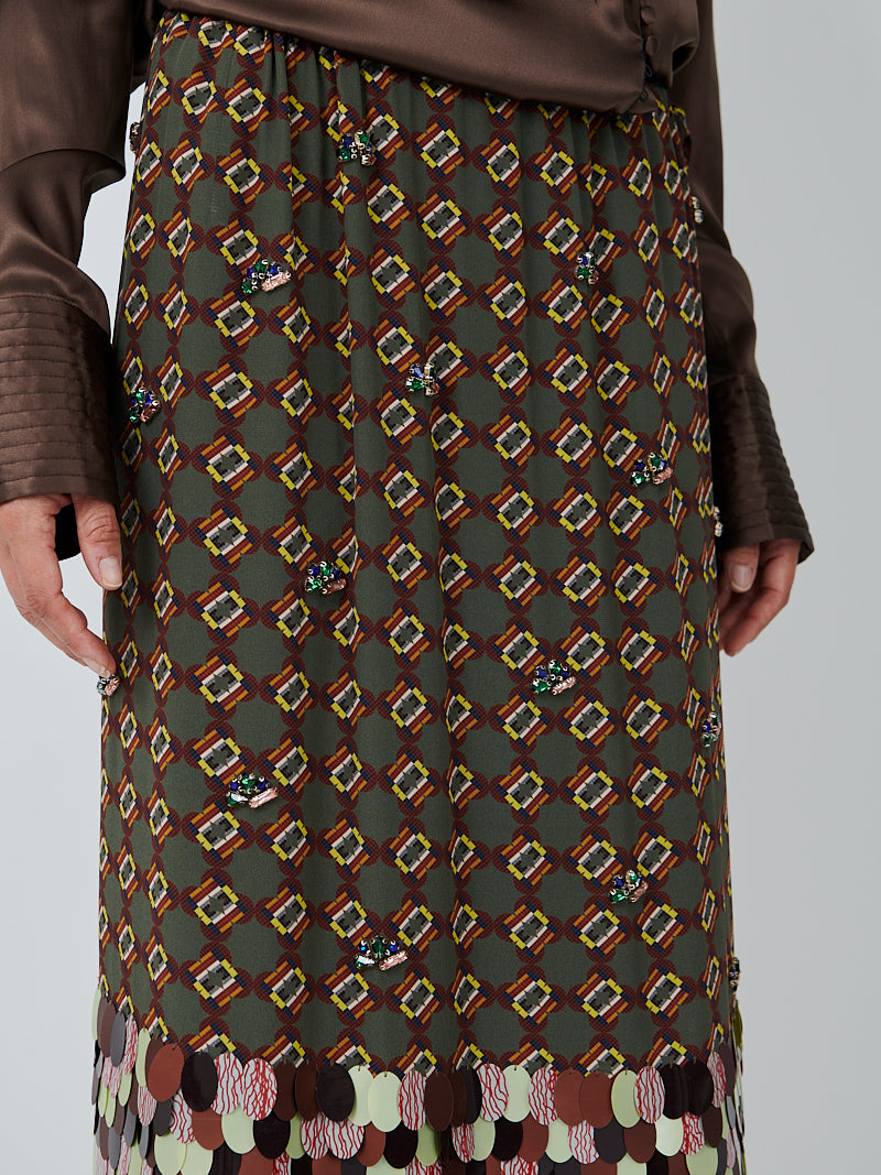 Dries Van Noten Scotta Long Embellished Skirt in Khaki