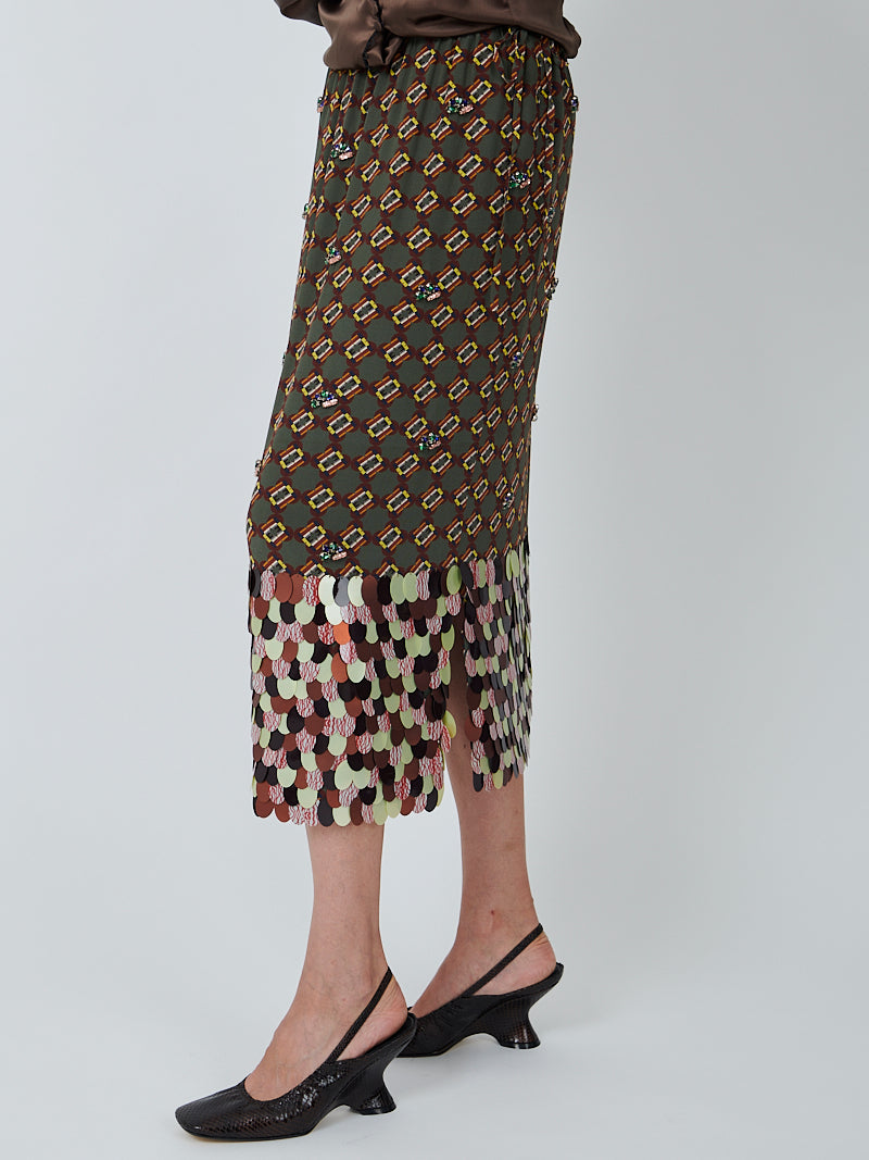 Dries Van Noten Scotta Long Embellished Skirt in Khaki