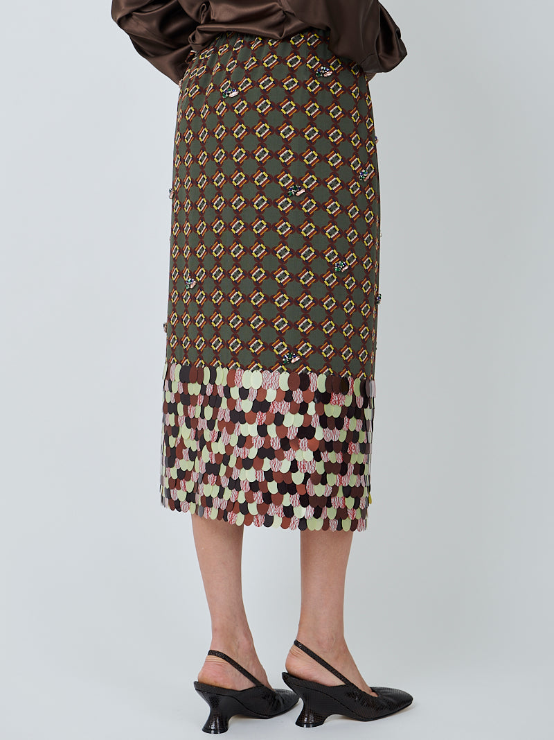 Dries Van Noten Scotta Long Embellished Skirt in Khaki