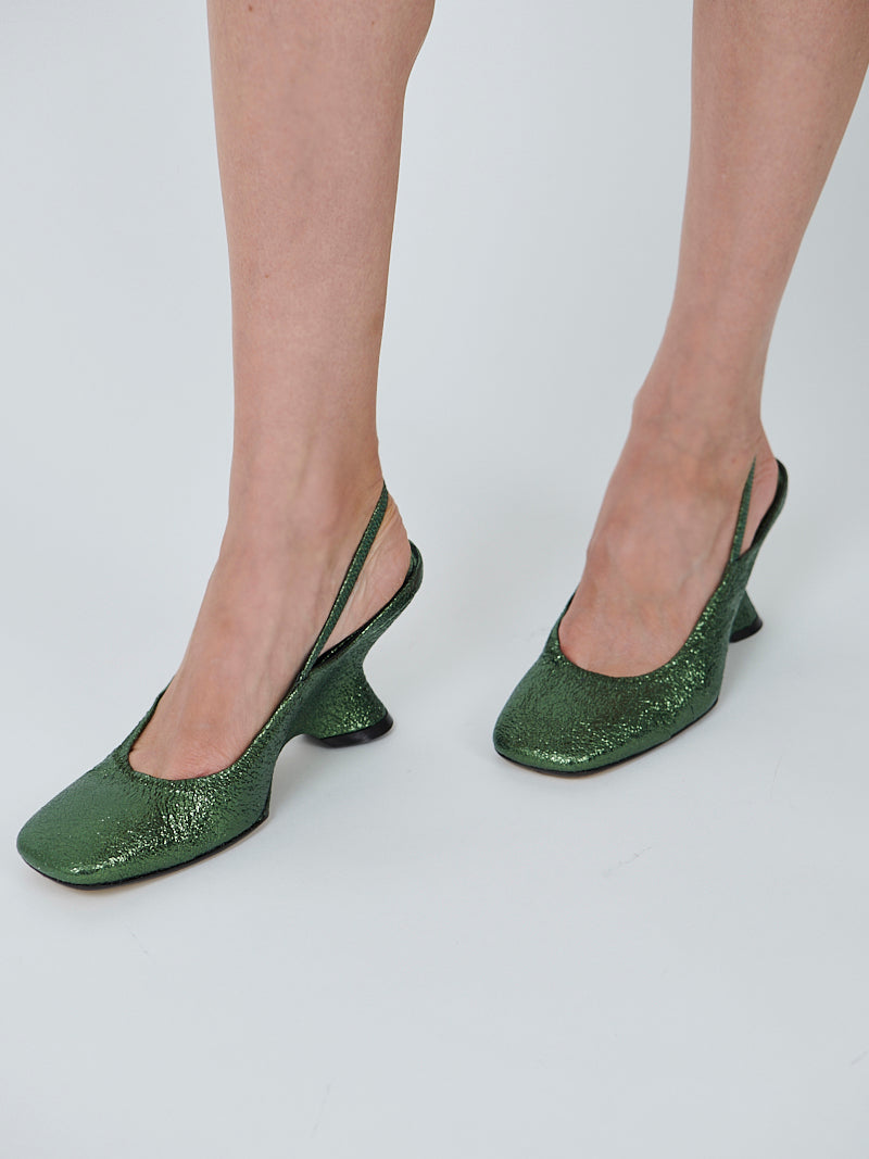 Dries Van Noten Metallic Sling Back Wedge in Light Green
