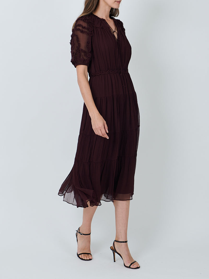 Ulla Johnson Nan Silk Short Sleeve Midi Dress in Mahogany