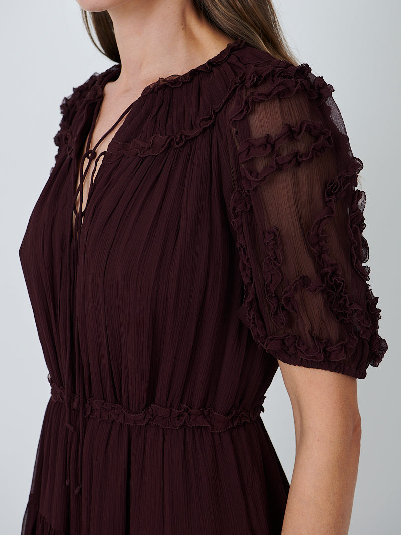 Ulla Johnson Nan Silk Short Sleeve Midi Dress in Mahogany