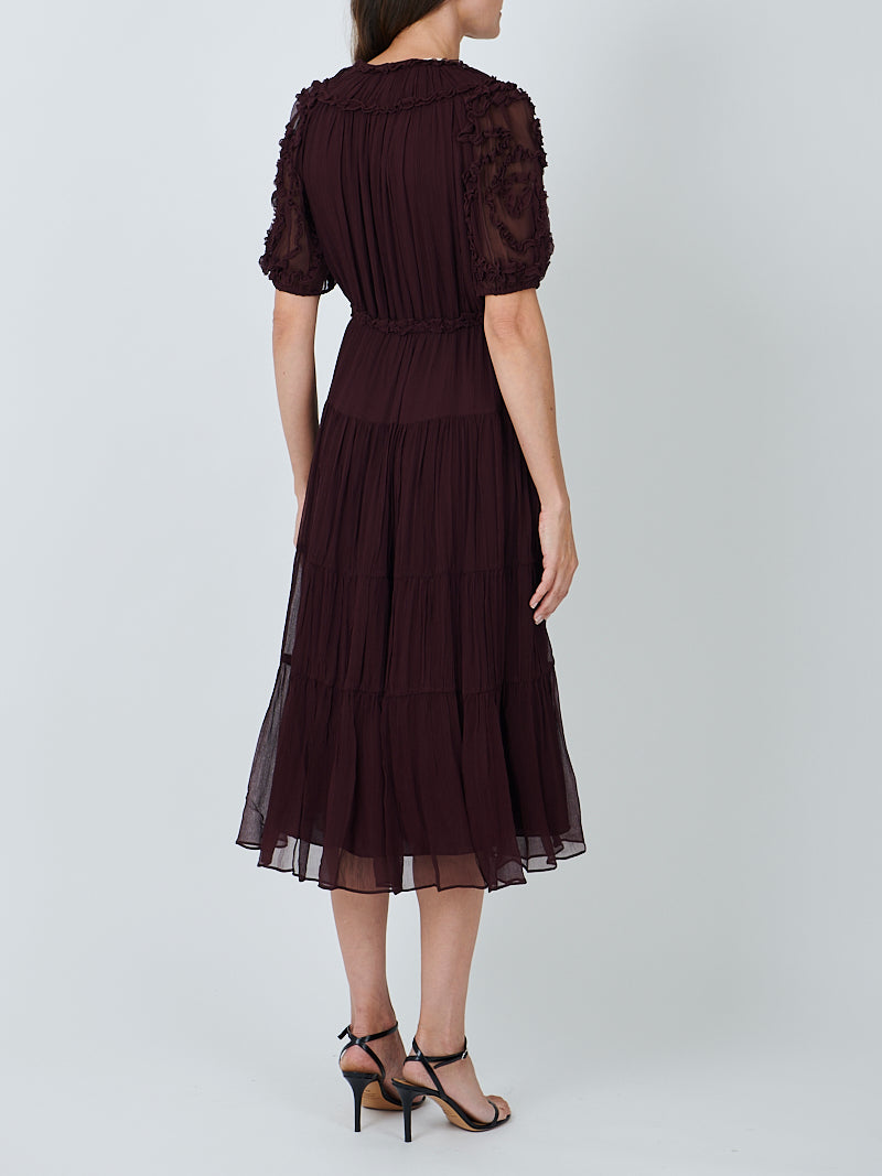 Nan Silk Short Sleeve Midi Dress in Mahogany
