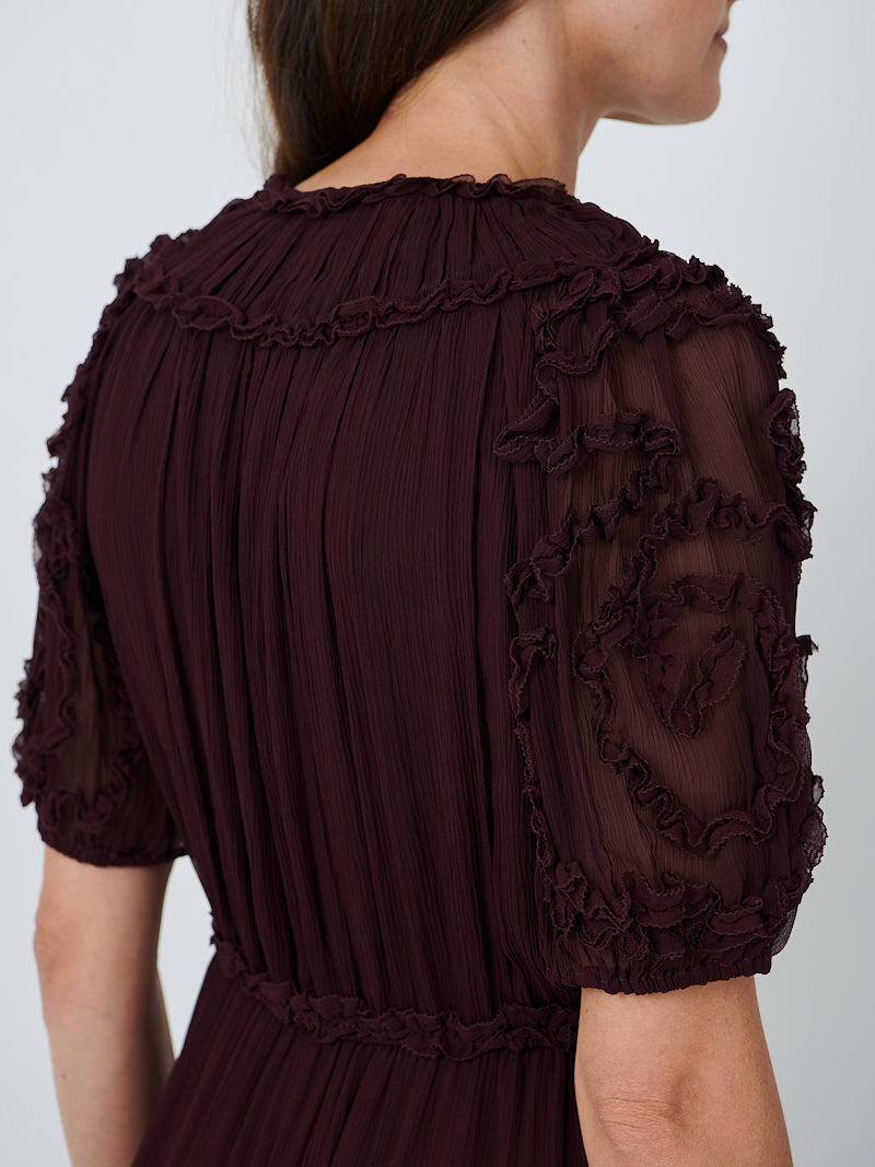 Nan Silk Short Sleeve Midi Dress in Mahogany