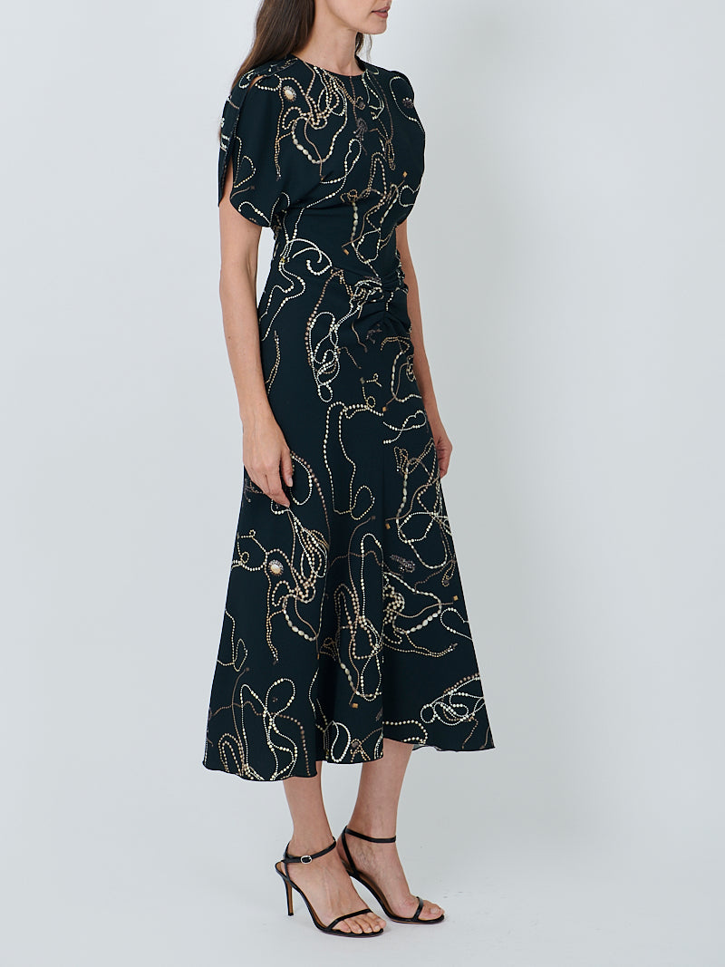 Victoria Beckham Gathered Waist Midi Dress in Dark Pine