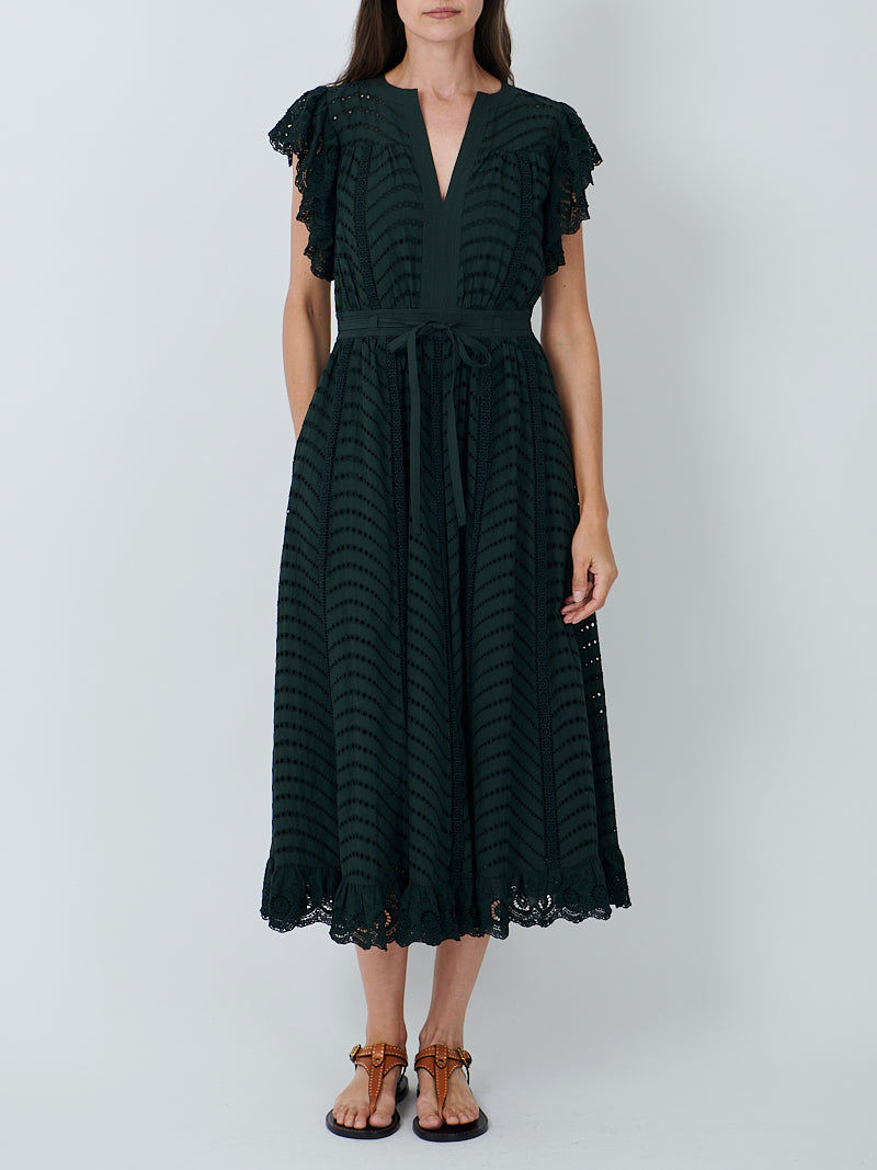 Ulla Johnson Olga Flutter Sleeve Midi Dress in Cypress