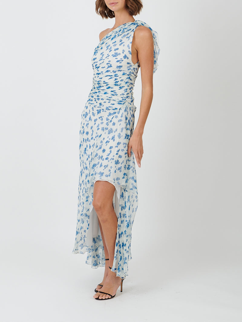 Victoria Beckham One Shoulder Draped Midi Dress in Cloud/Blue