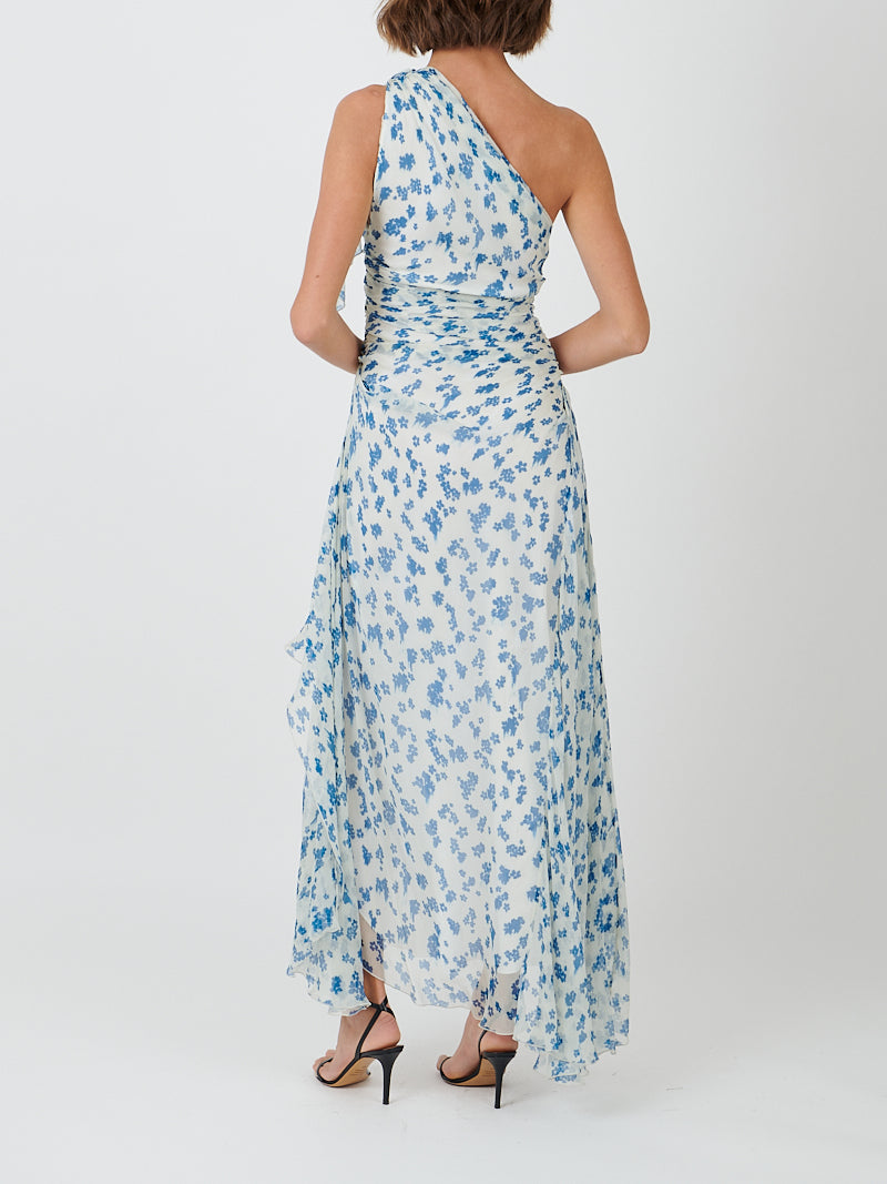 One Shoulder Draped Midi Dress in Cloud/Blue