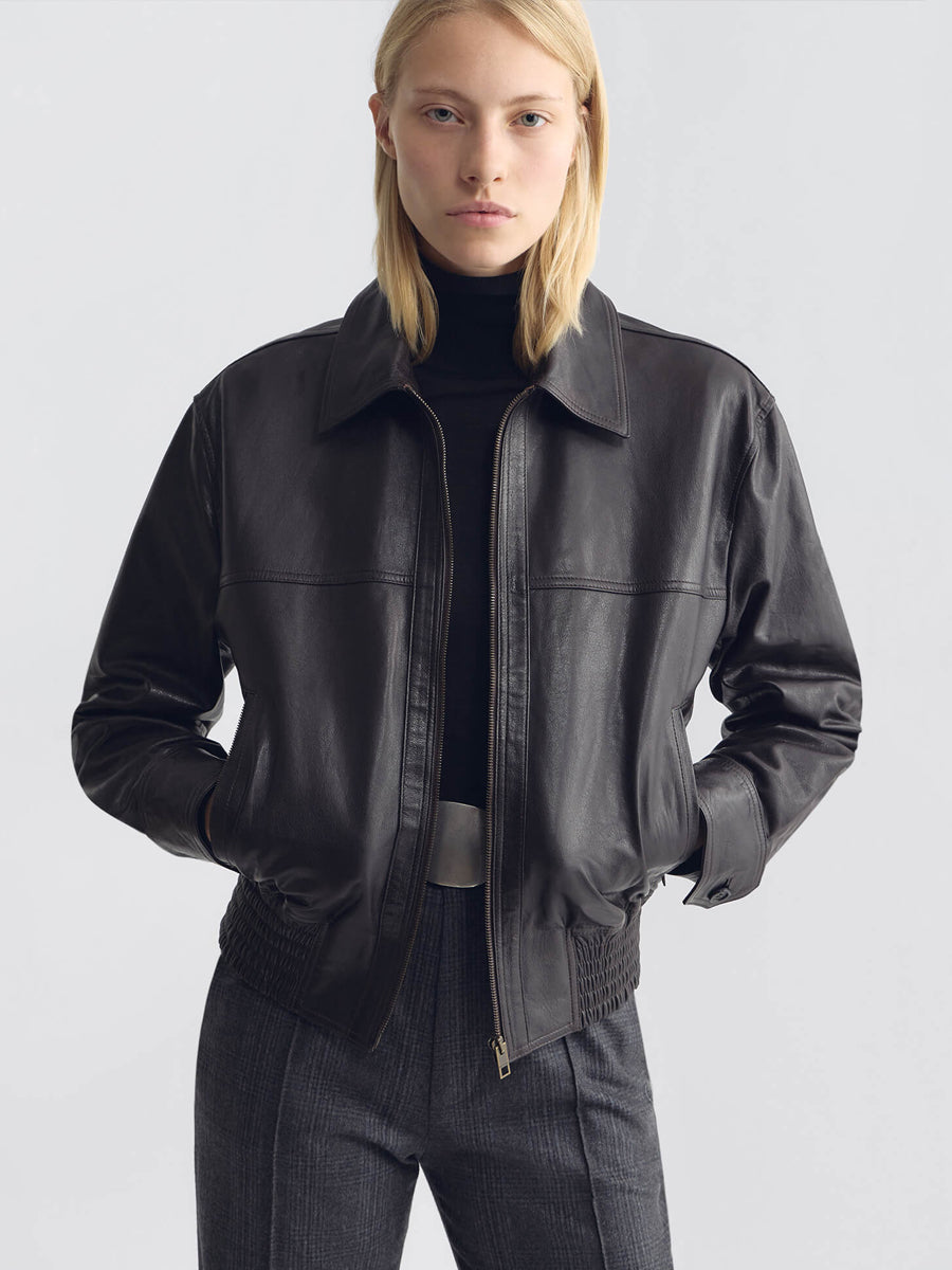 Aime Leather Bomber Jacket in Brown
