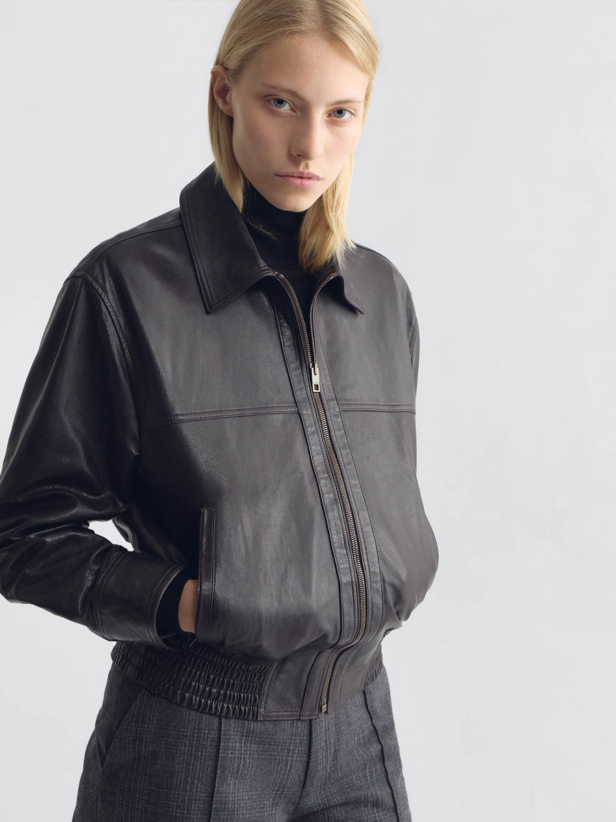 Aime Leather Bomber Jacket in Brown