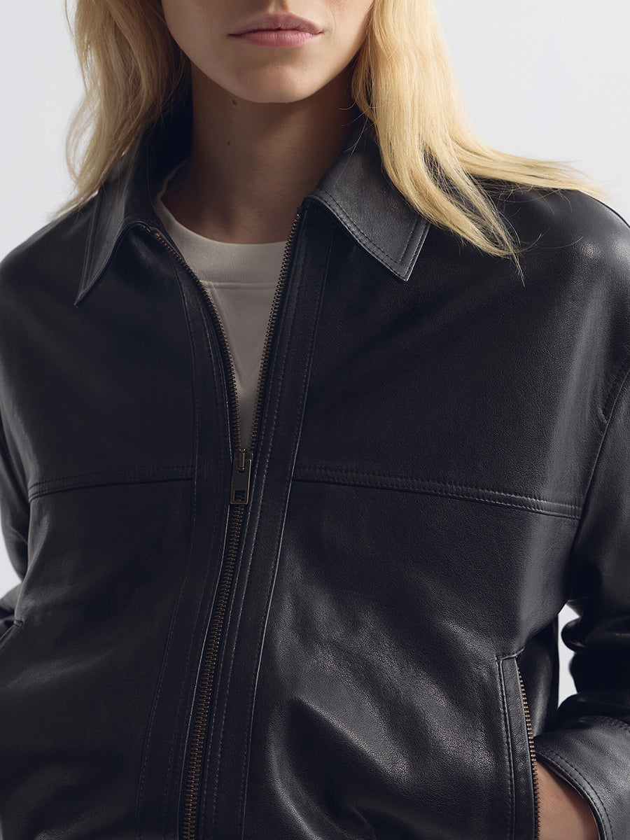 Nili Lotan Aime Leather Jacket Bomber Jacket in Black