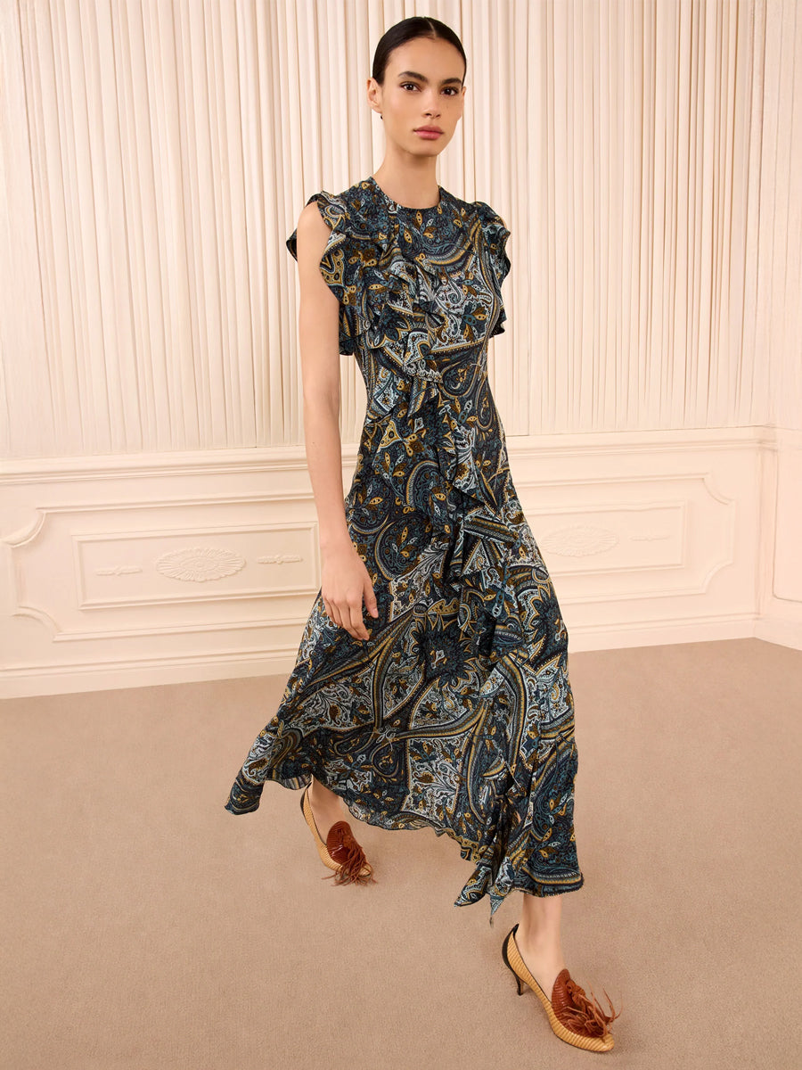 Ameline Sleeveless Silk Dress in Prussian