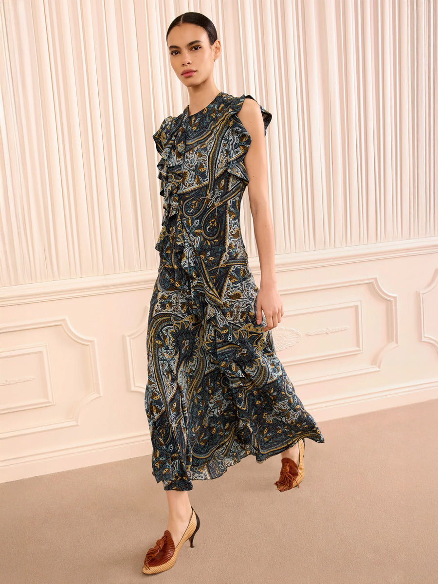 Ameline Sleeveless Silk Dress in Prussian