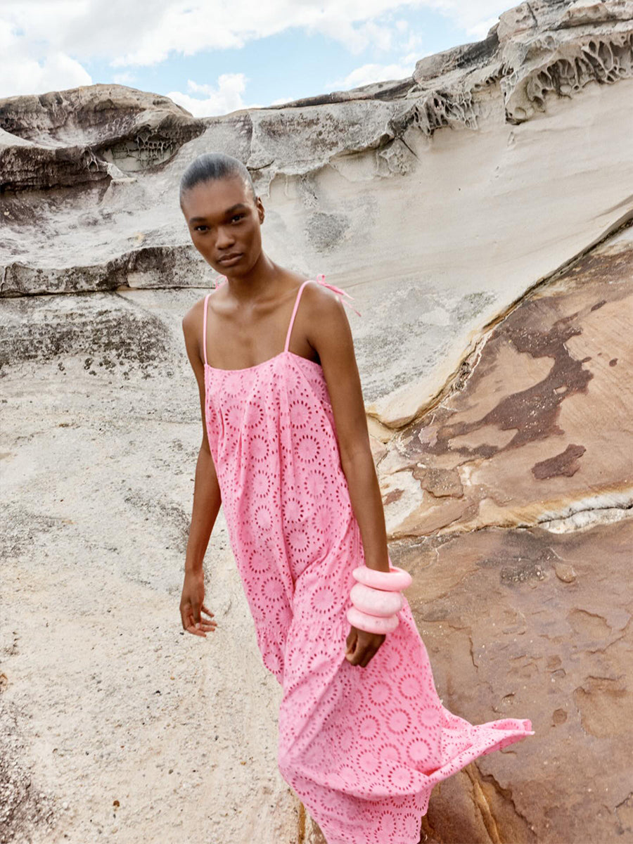 Ammon Dress in Pink/Red Eyelet