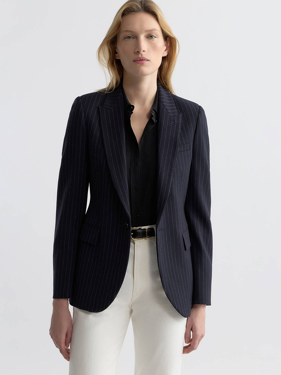 Nili Lotan Anabel Tailored Jacket in Dark Navy Pinstripe