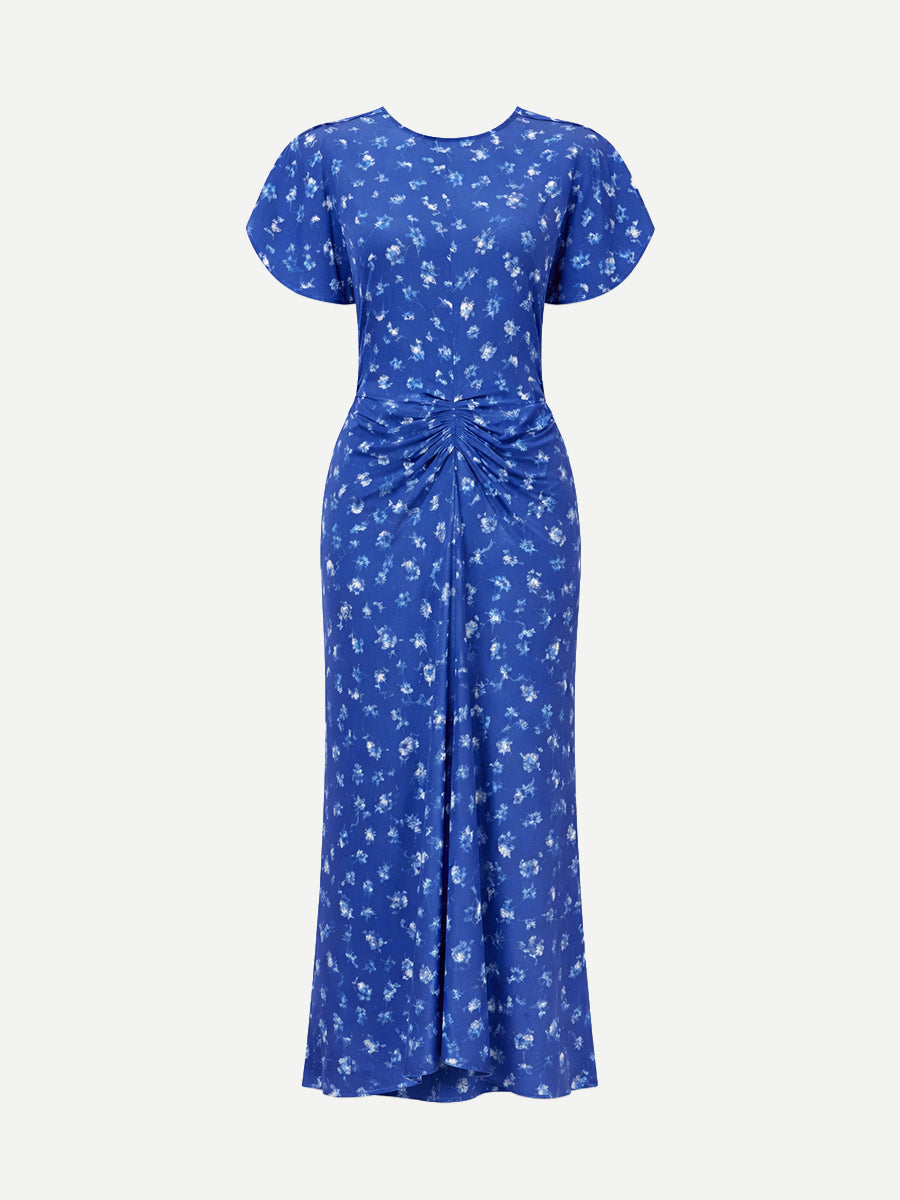 Victoria Beckham Bela blue floral silk midi dress with ruched waist and split sleeves