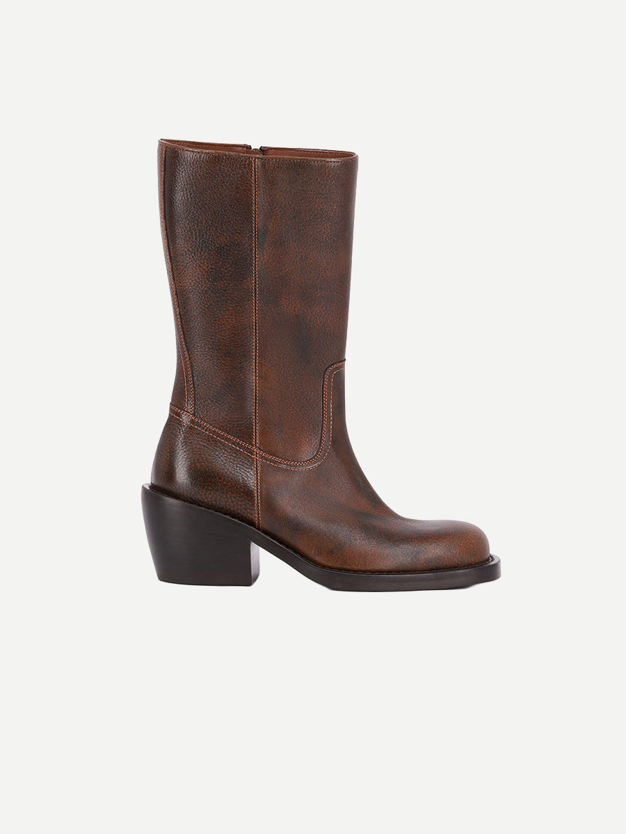 Block Heel Leather Boots in Dark Brown
