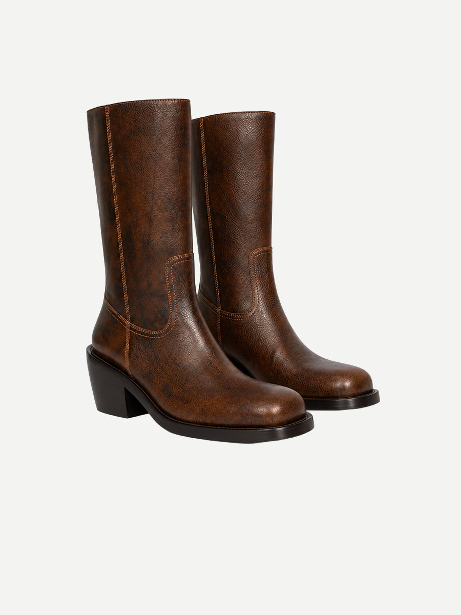 Block Heel Leather Boots in Dark Brown