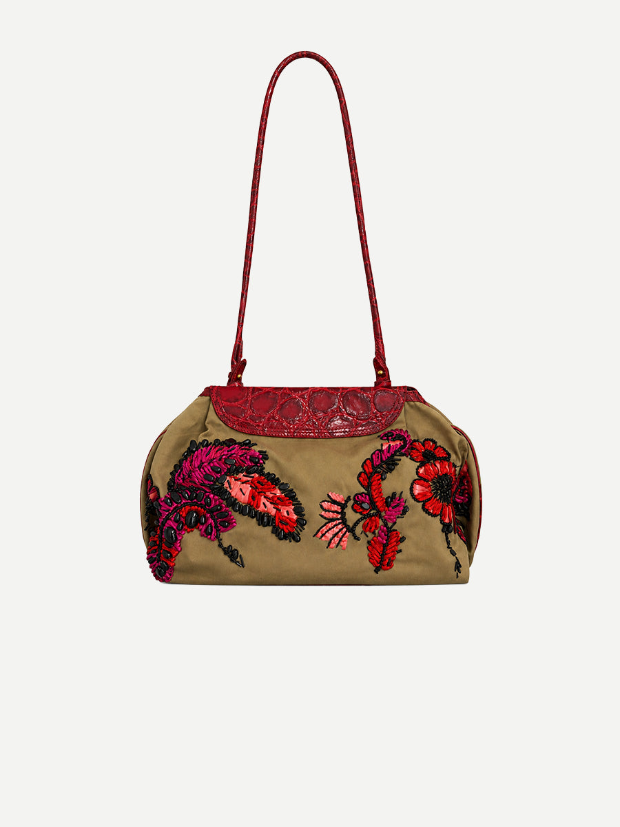Dries Van Noten Blossom Embellished Canvas Bag in Camel