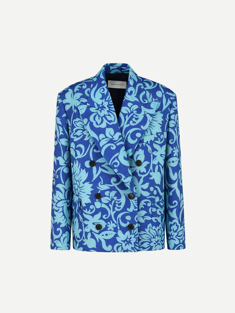 Dries Van Noten Bosea blue double-breasted jacket with baroque floral pattern in cobalt and aqua tones