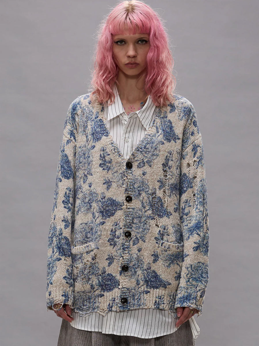 Printed Boyfriend Cardigan in Blue Floral