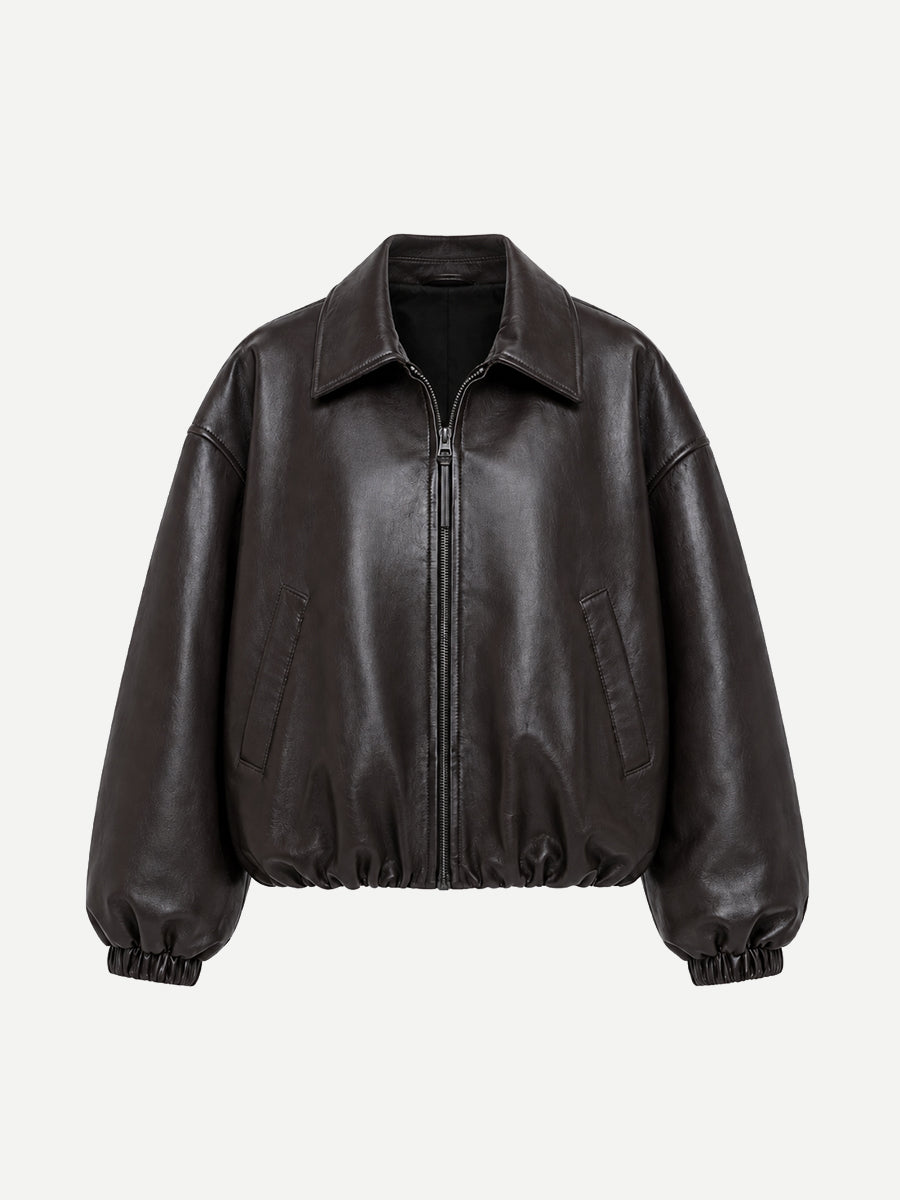 Citizens of Humanity Bubble Hem Leather Bomber Jacket in Chocolate Dark Brown