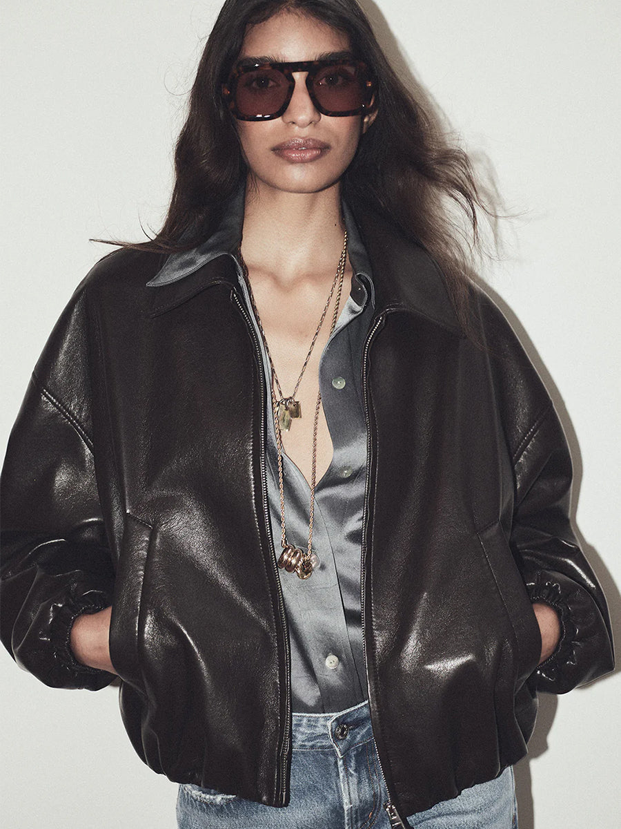 Citizens of Humanity Bubble Hem Leather Bomber Jacket in Chocolate Dark Brown