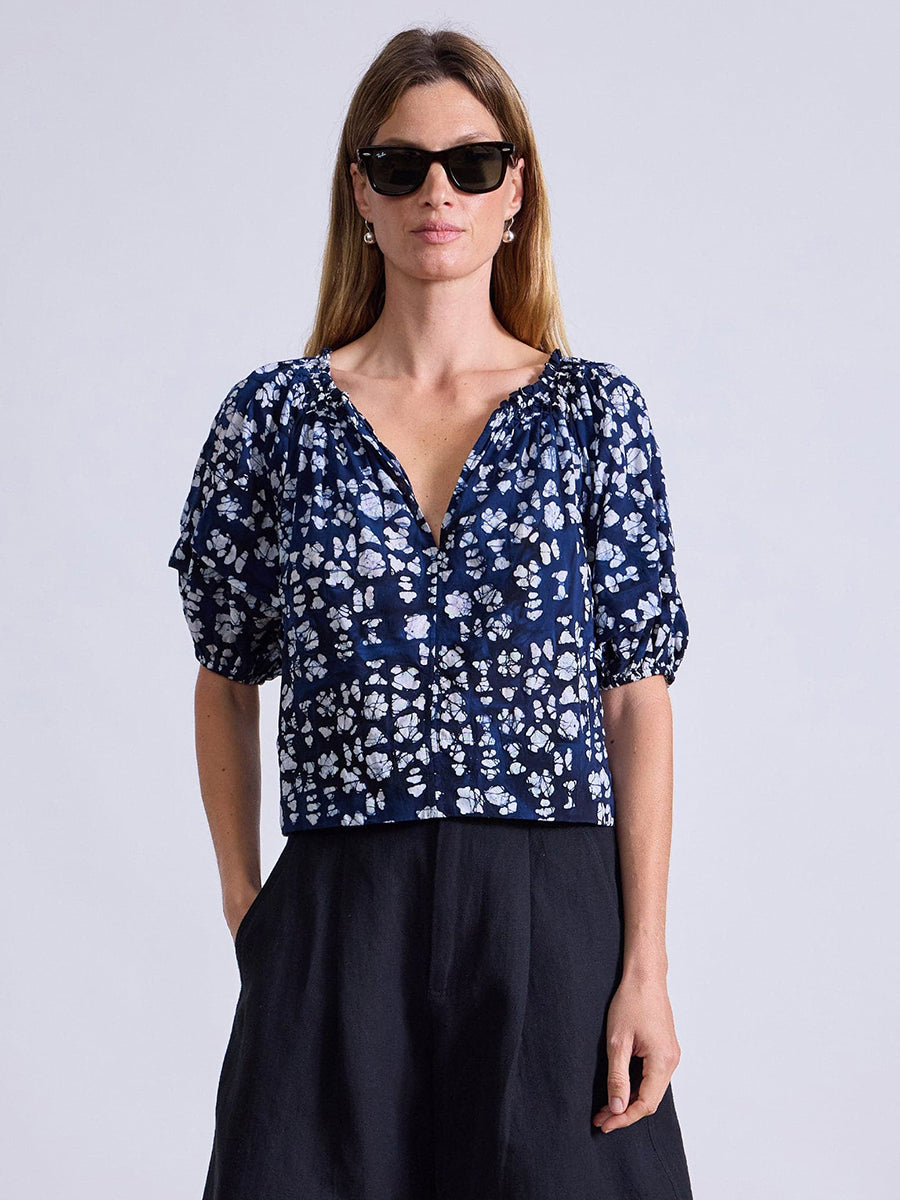 Apiece Apart Caminitas Puff Sleeve Top in Batik Geo Indigo