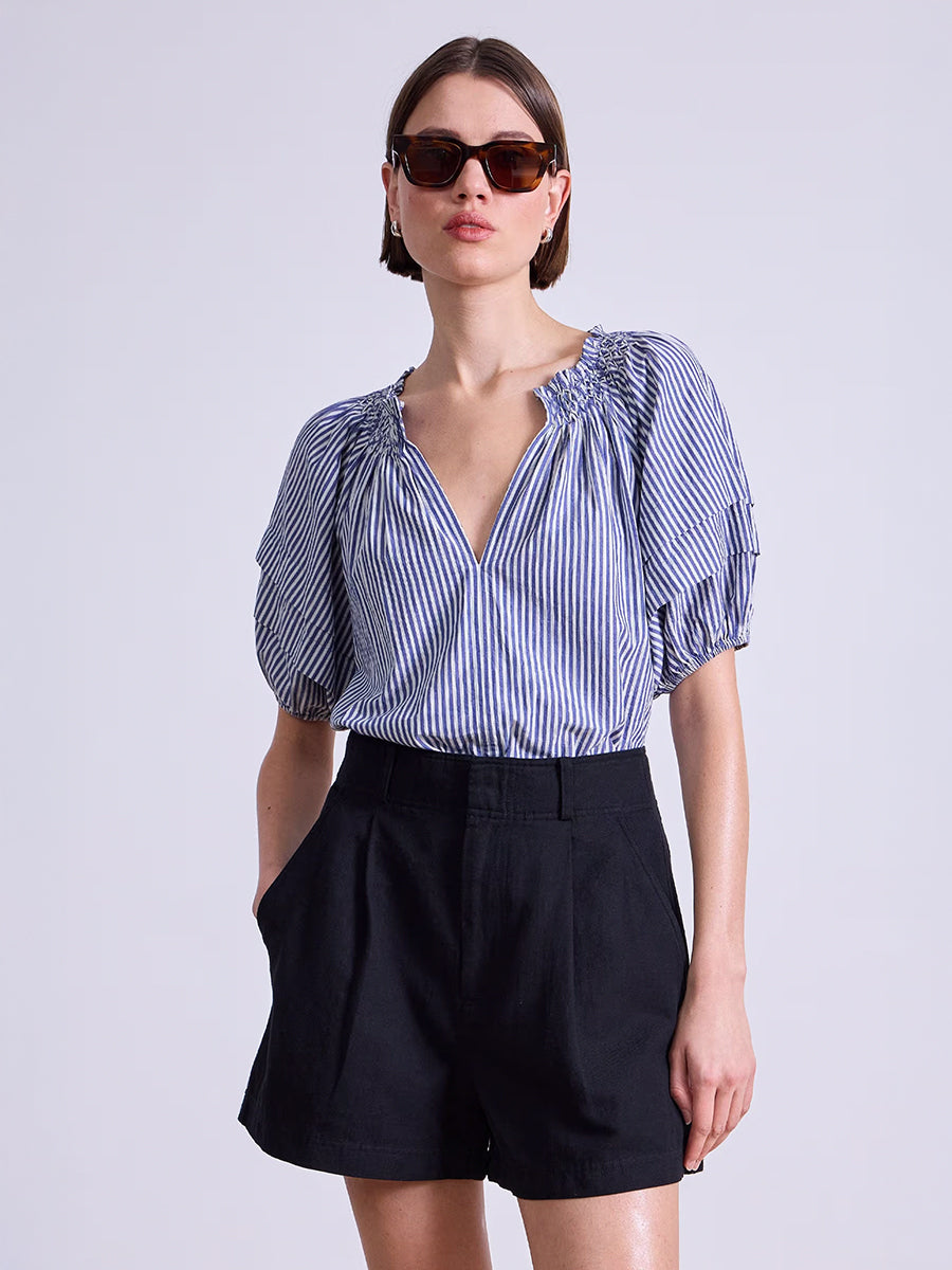 Apiece Apart Caminitas Puff Sleeve Top in Skinny Stripes Indigo Cream