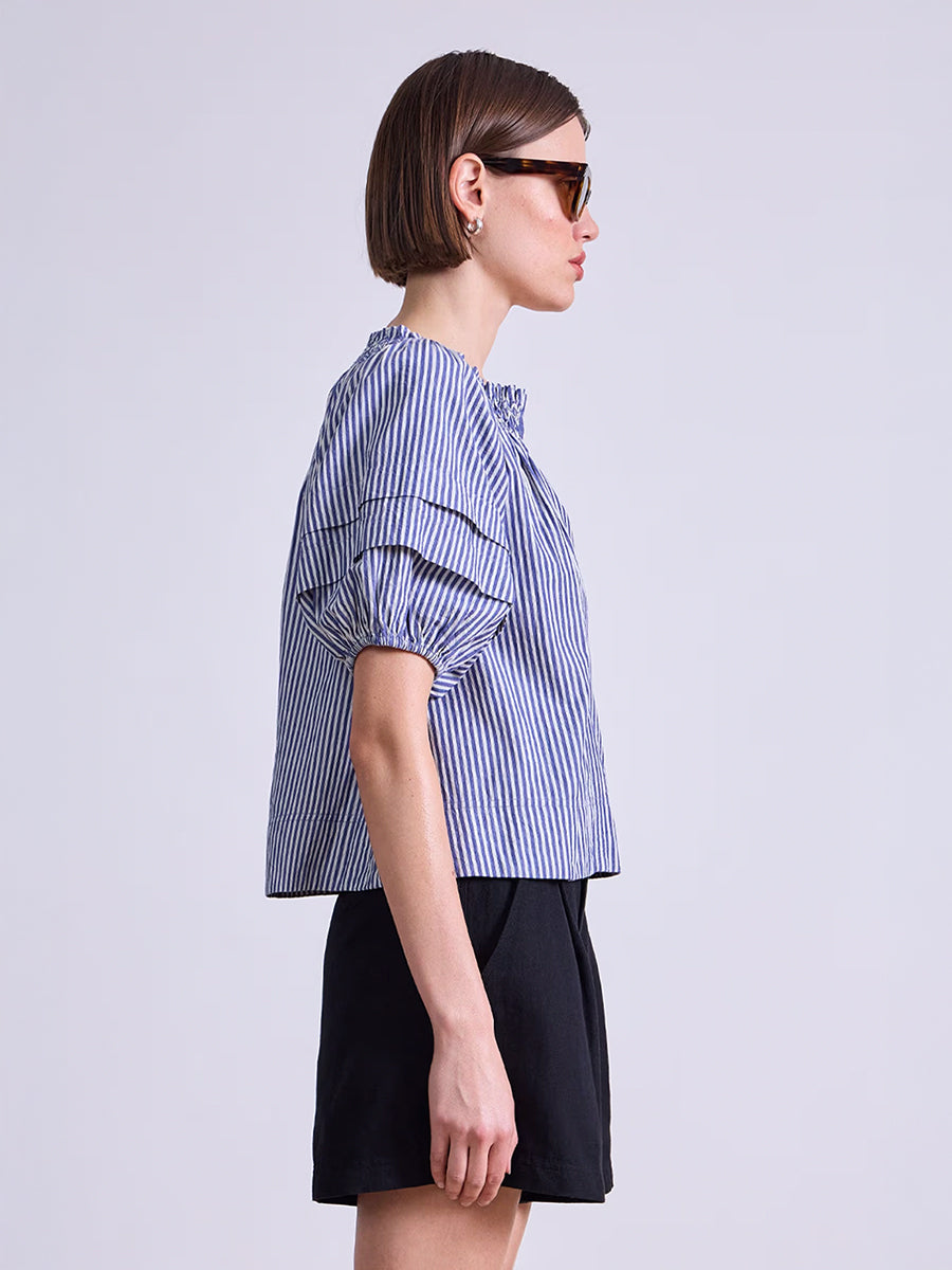 Apiece Apart Caminitas Puff Sleeve Top in Skinny Stripes Indigo Cream
