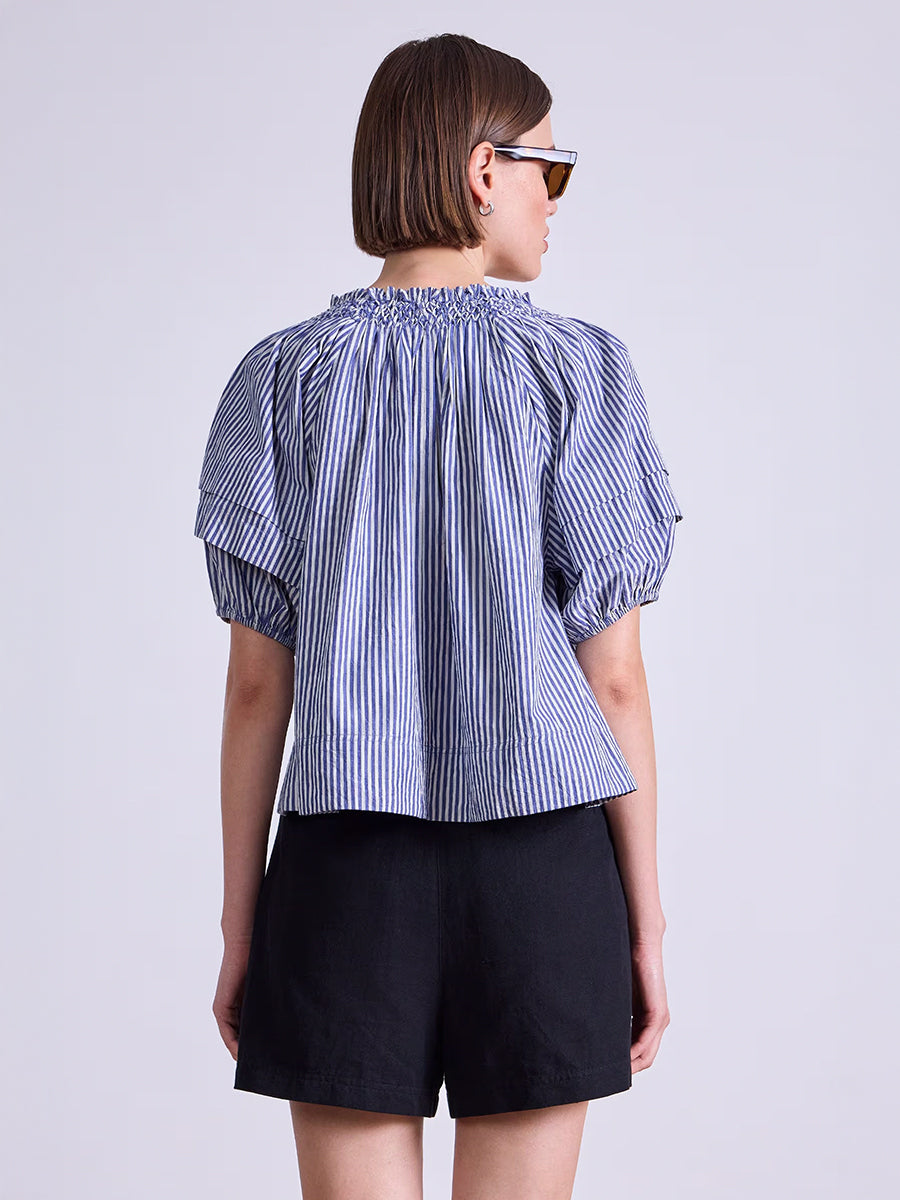 Apiece Apart Caminitas Puff Sleeve Top in Skinny Stripes Indigo Cream