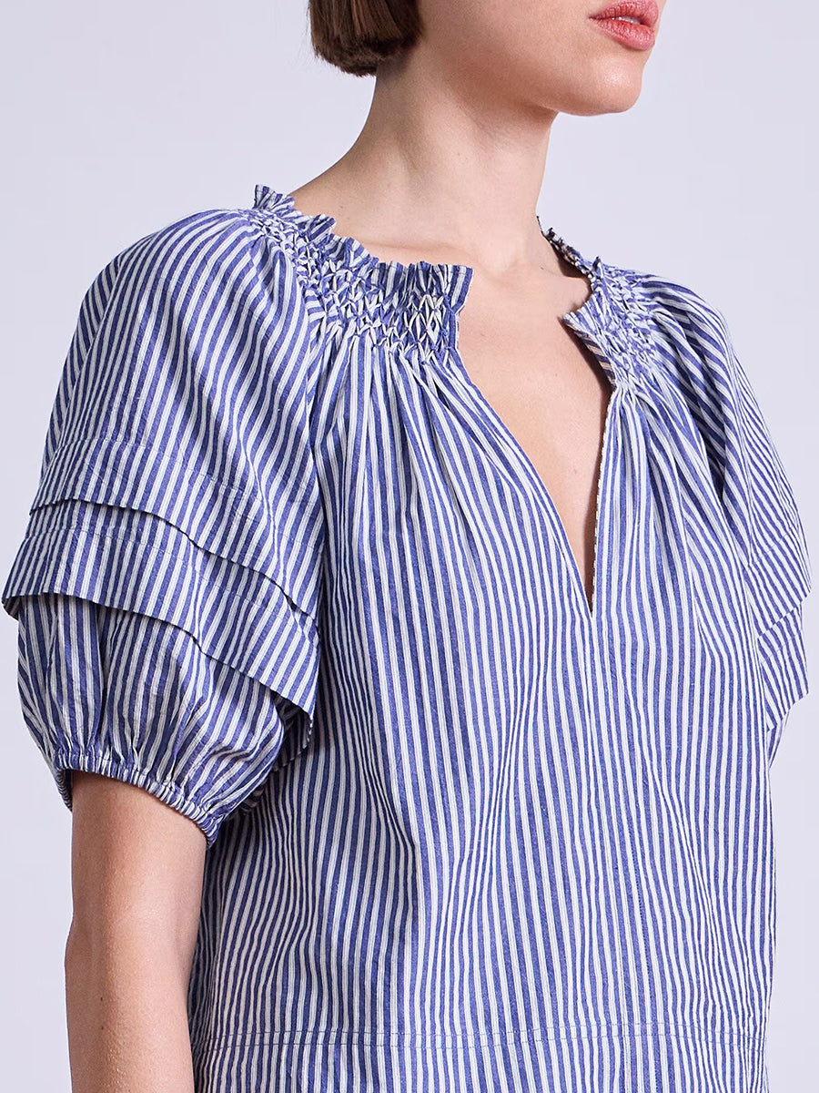 Caminitas Puff Sleeve Top in Skinny Stripes Indigo Cream