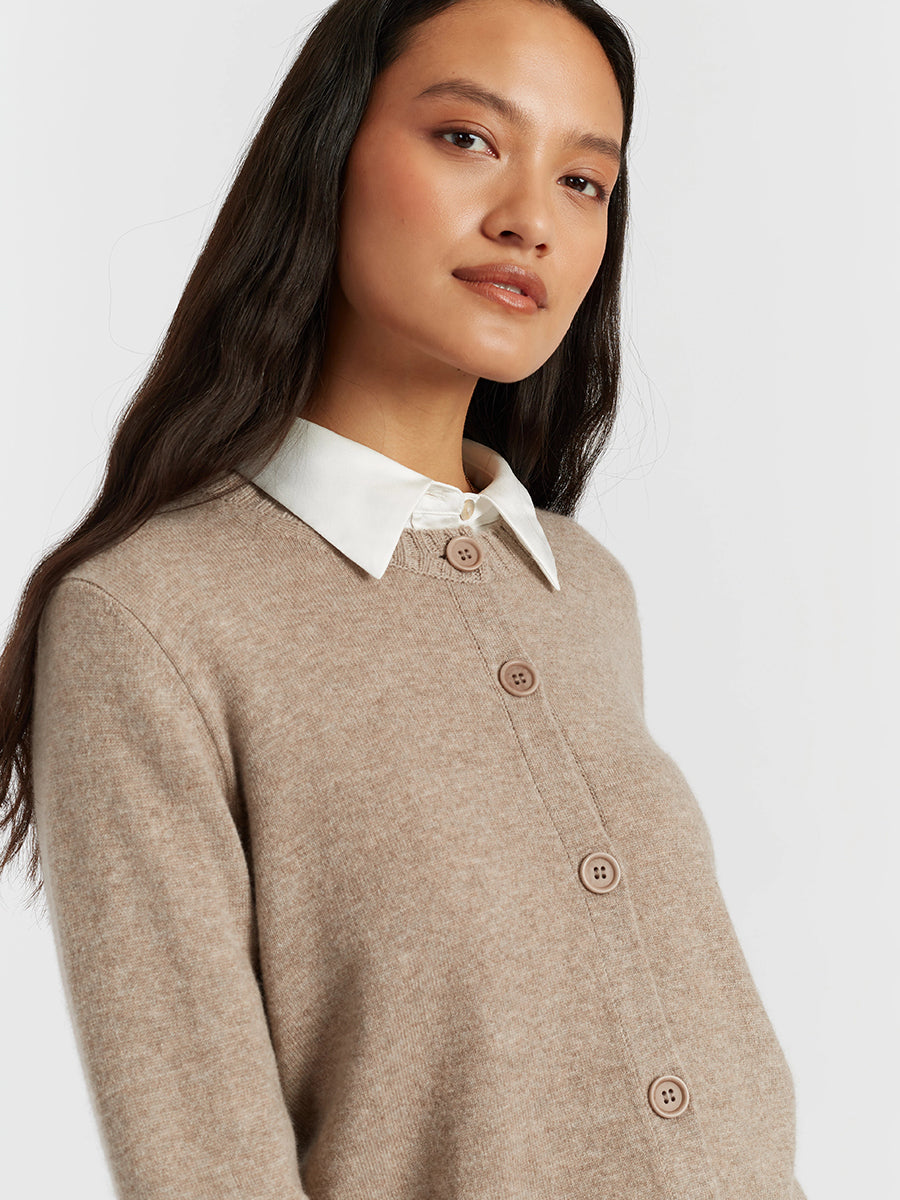 Crew Neck Cardigan in Warm Oatmeal