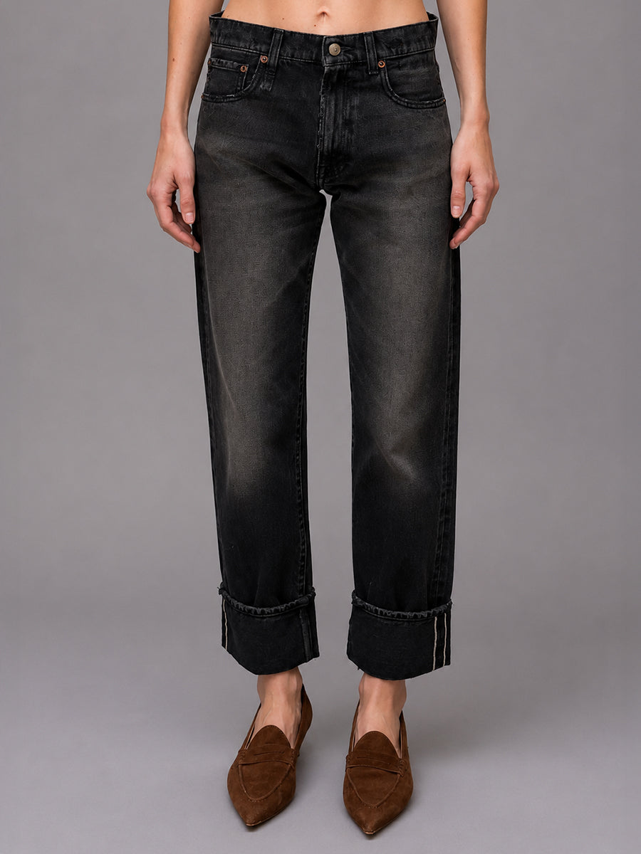 Cuffed Boyfriend Jean in Black Eclipse Selvedge