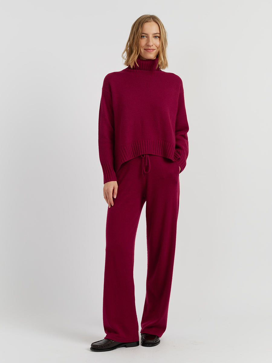 Curved Hem Roll Neck Sweater in Cherry