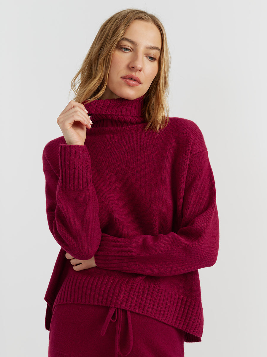 Curved Hem Roll Neck Sweater in Cherry
