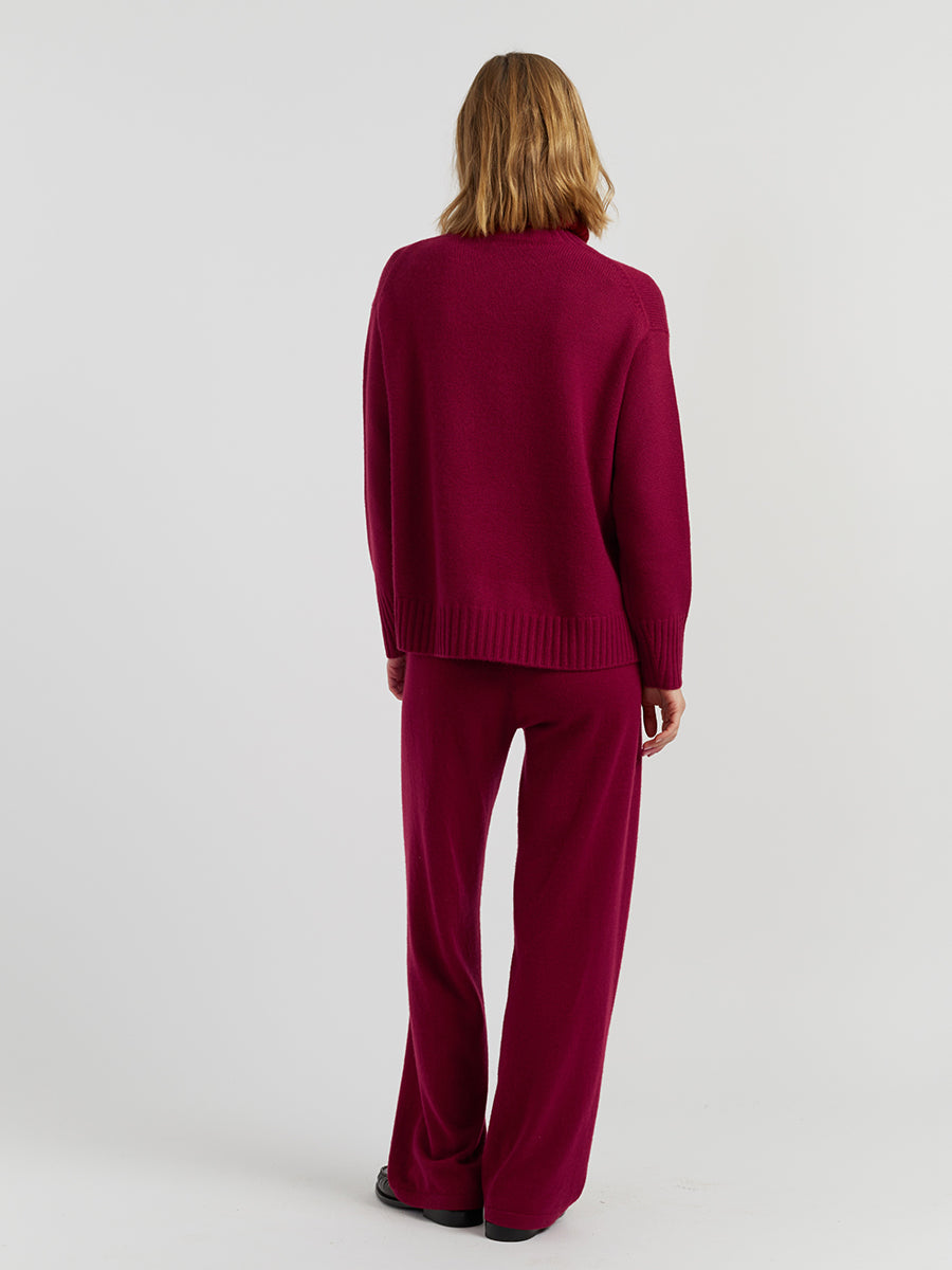 Curved Hem Roll Neck Sweater in Cherry