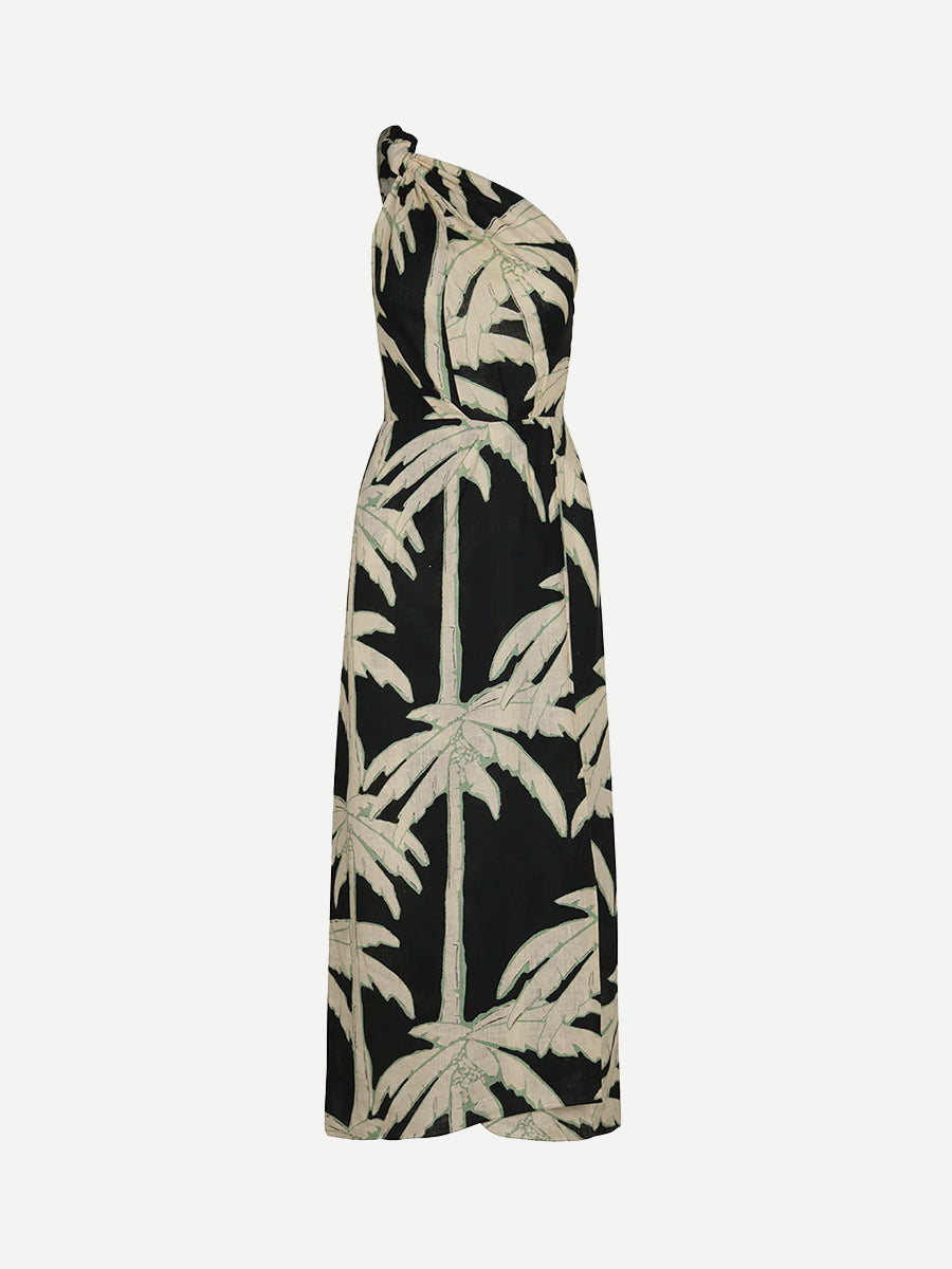 Johanna Ortiz Dark Palms Ankle Dress in Salty Palms Black, Ecru & Mint