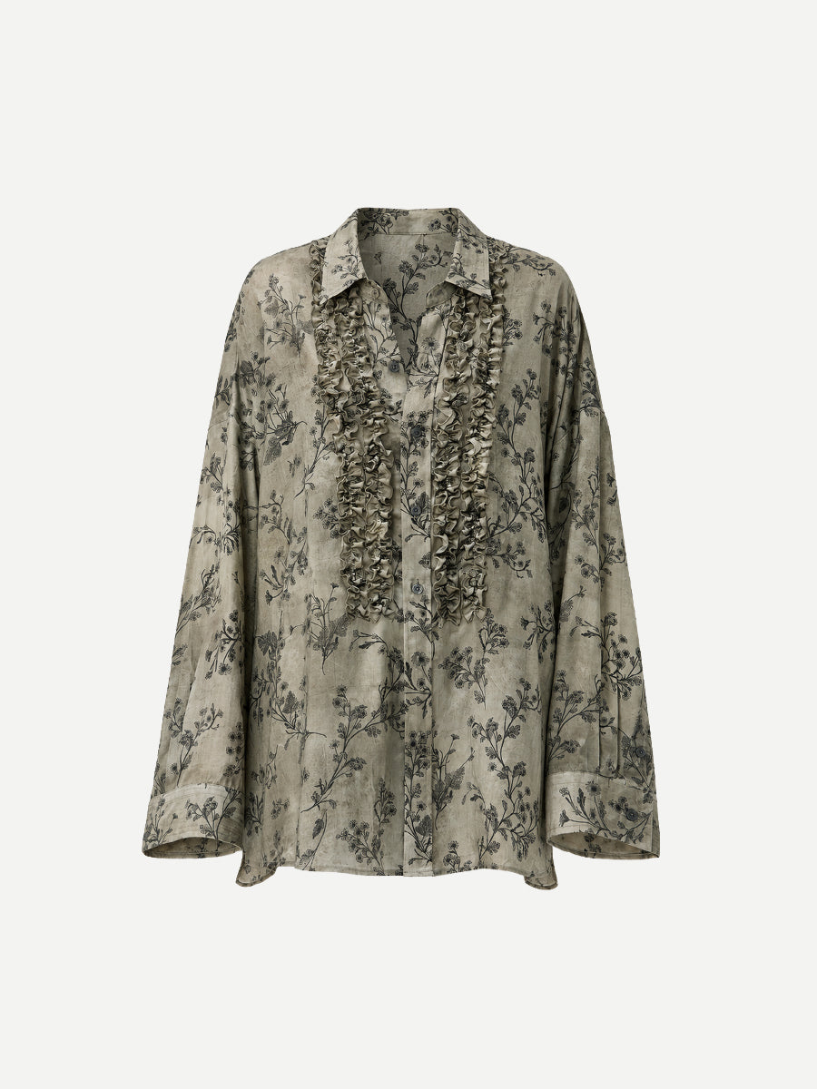 Drop Neck Ruffle Shirt in Green Floral