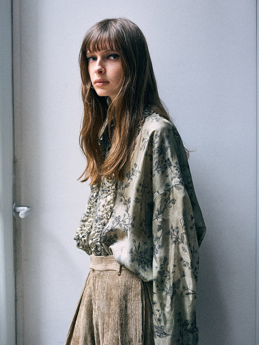 Drop Neck Ruffle Shirt in Green Floral