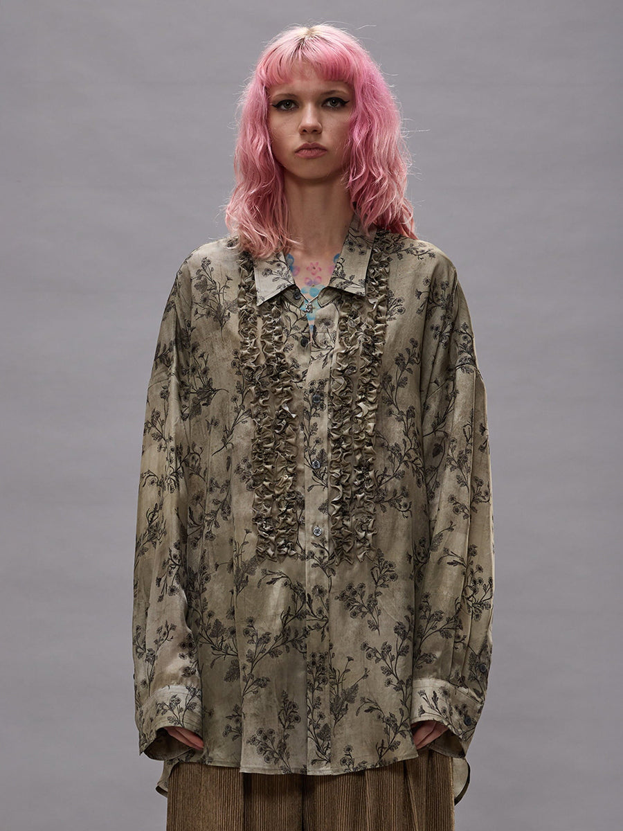 Drop Neck Ruffle Shirt in Green Floral