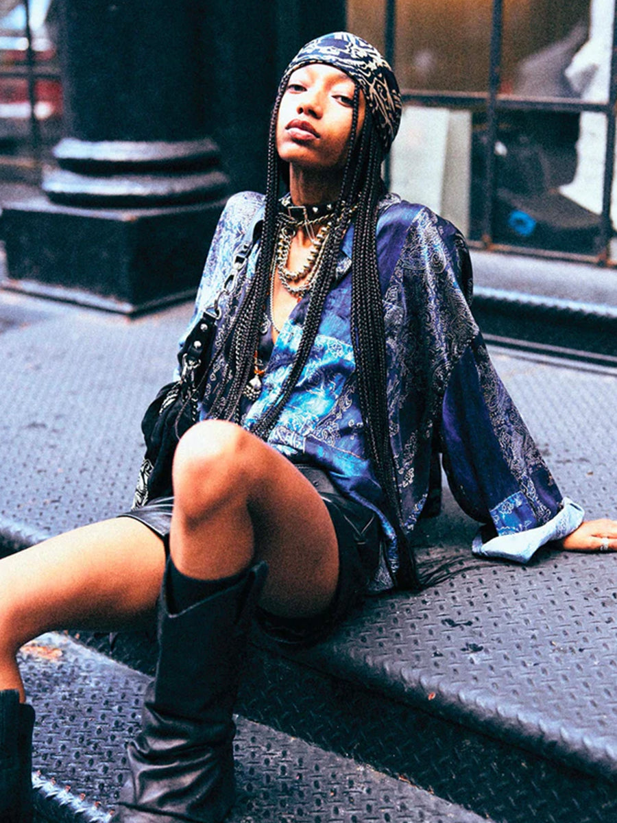 R13 Drop Neck Shirt in Blue Multi Bandana Print