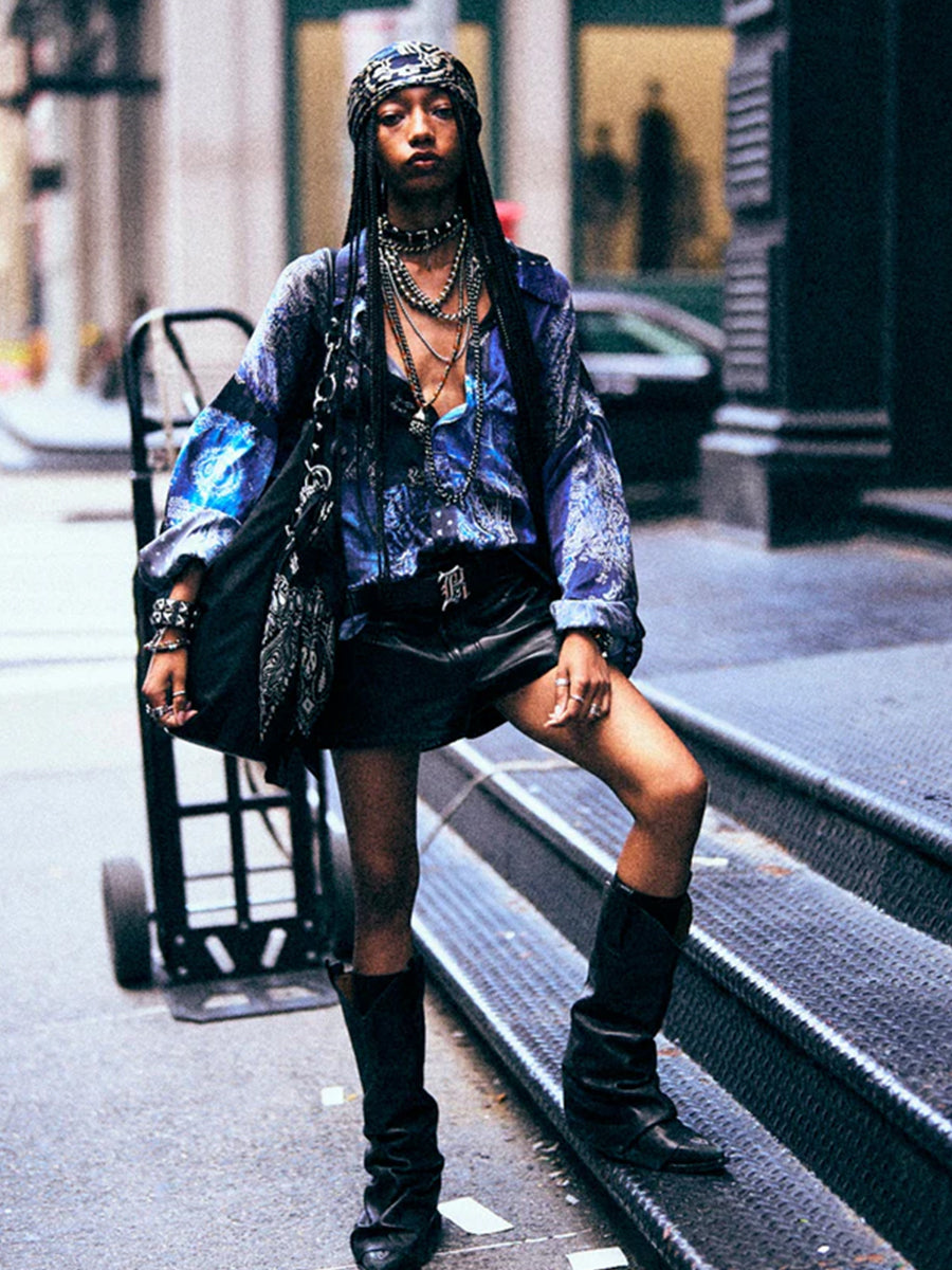 R13 Drop Neck Shirt in Blue Multi Bandana Print