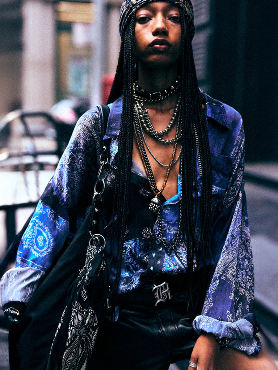 R13 Drop Neck Shirt in Blue Multi Bandana Print