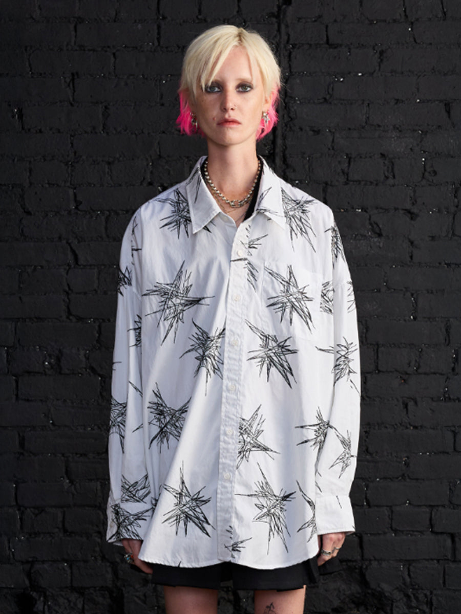 R13 Drop Neck Shirt in White with Black Embroidery