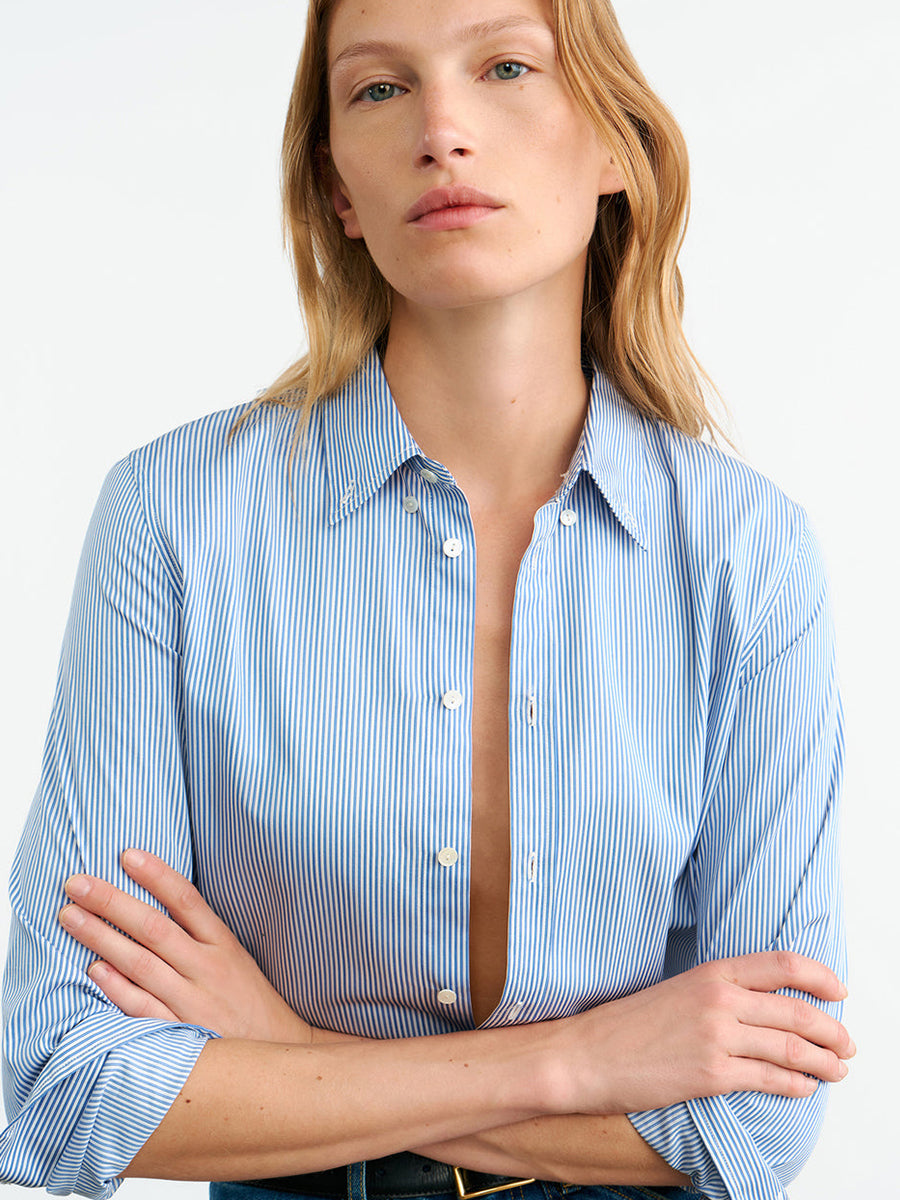 Nili Lotan Dyllan Shrunken Shirt in Ivory/Blue Stripe