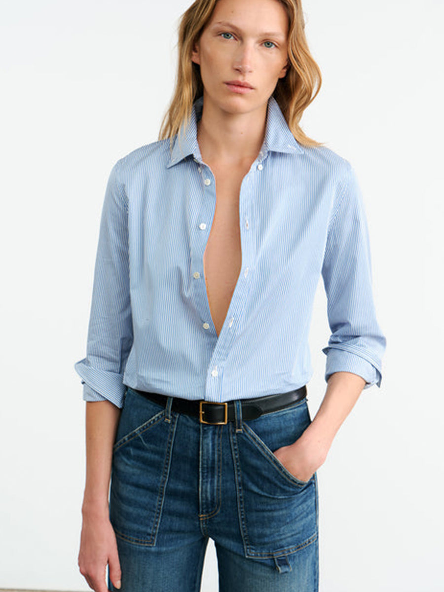 Nili Lotan Dyllan Shrunken Shirt in Ivory/Blue Stripe