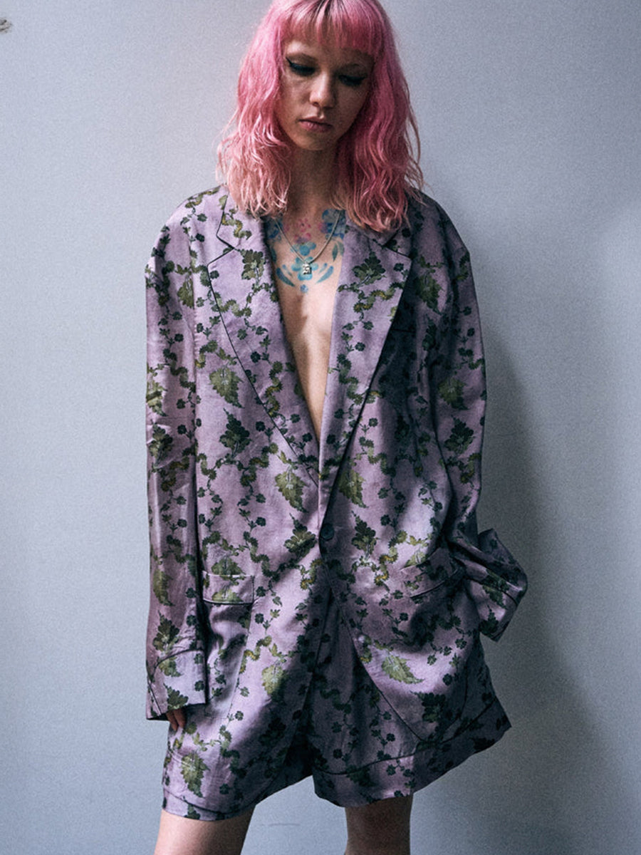 Elongated Ragged Blazer w/ Pipping in Purple Floral