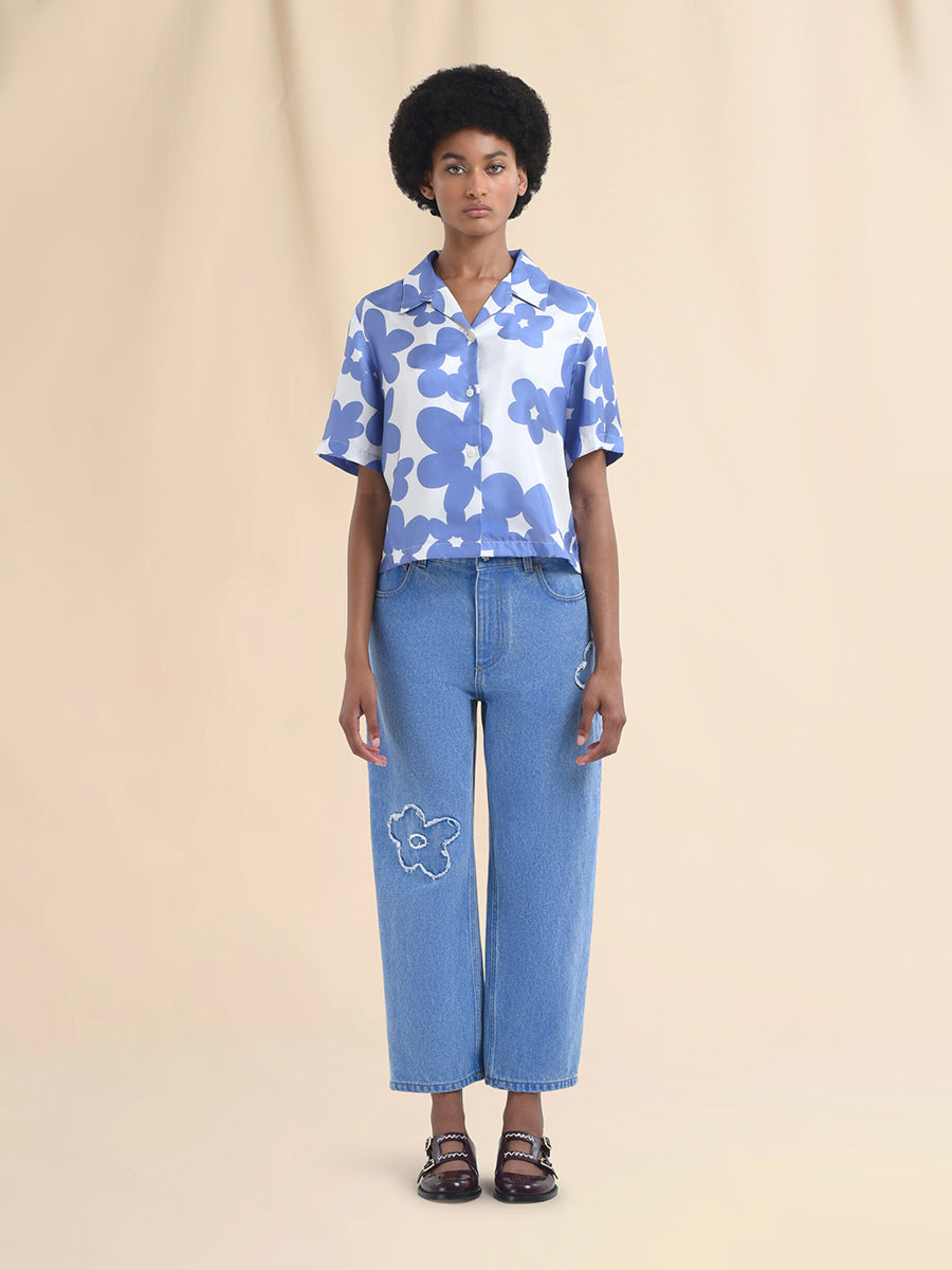 Marni Flower Patch Boyfriend Jeans in Light Cobalt Blue