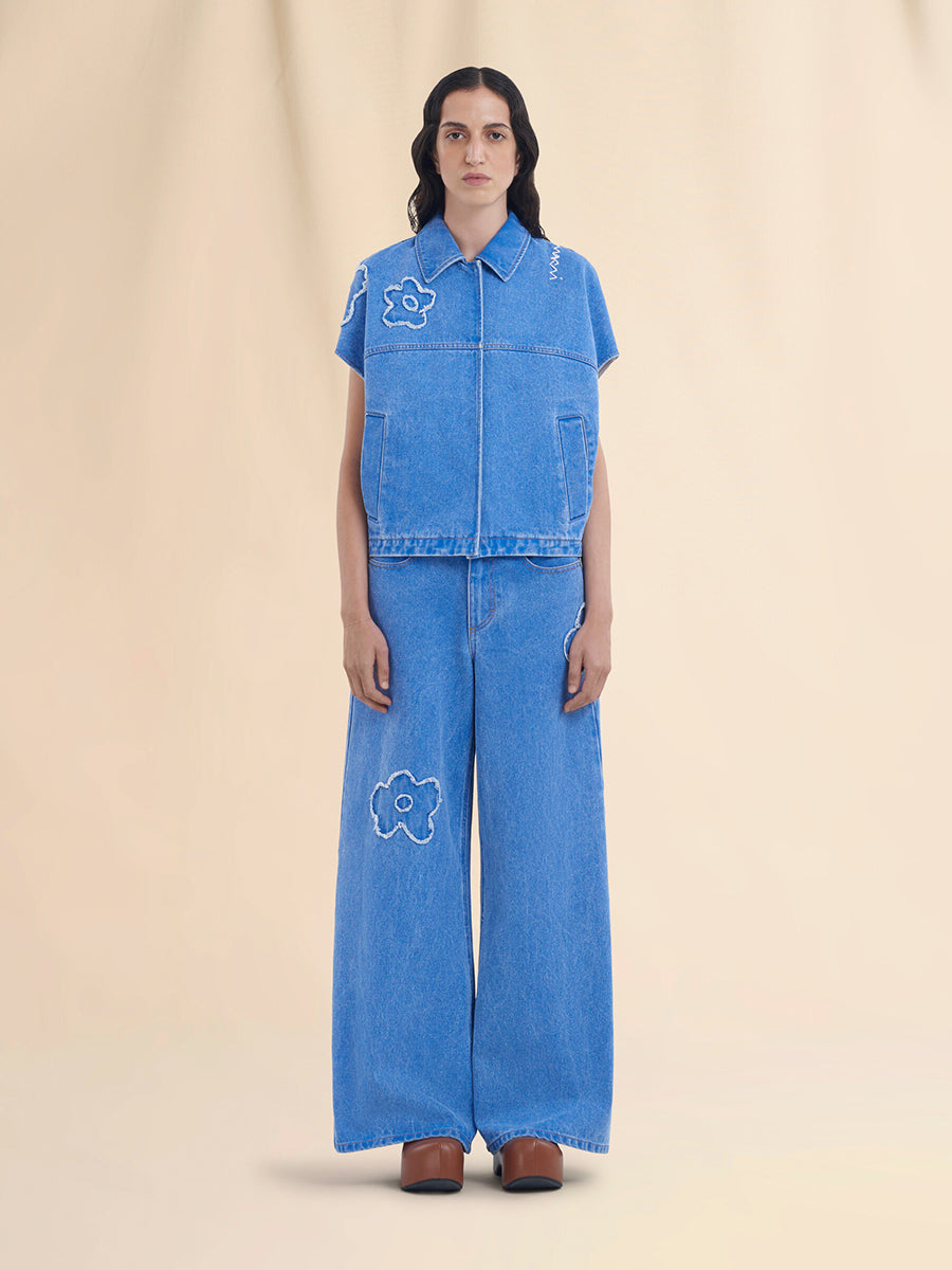 Marni Flower Patch Denim Vest in Light Cobalt Blue